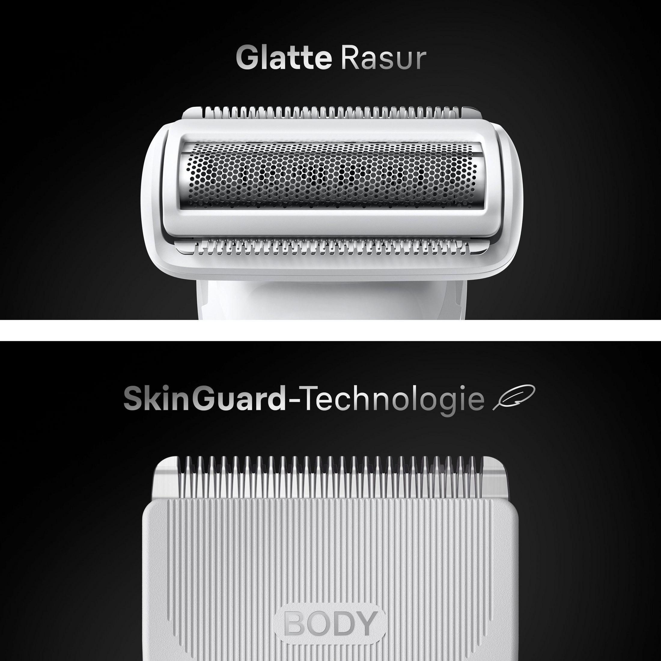 Two white razor heads. The bottom one is for body. Black background.