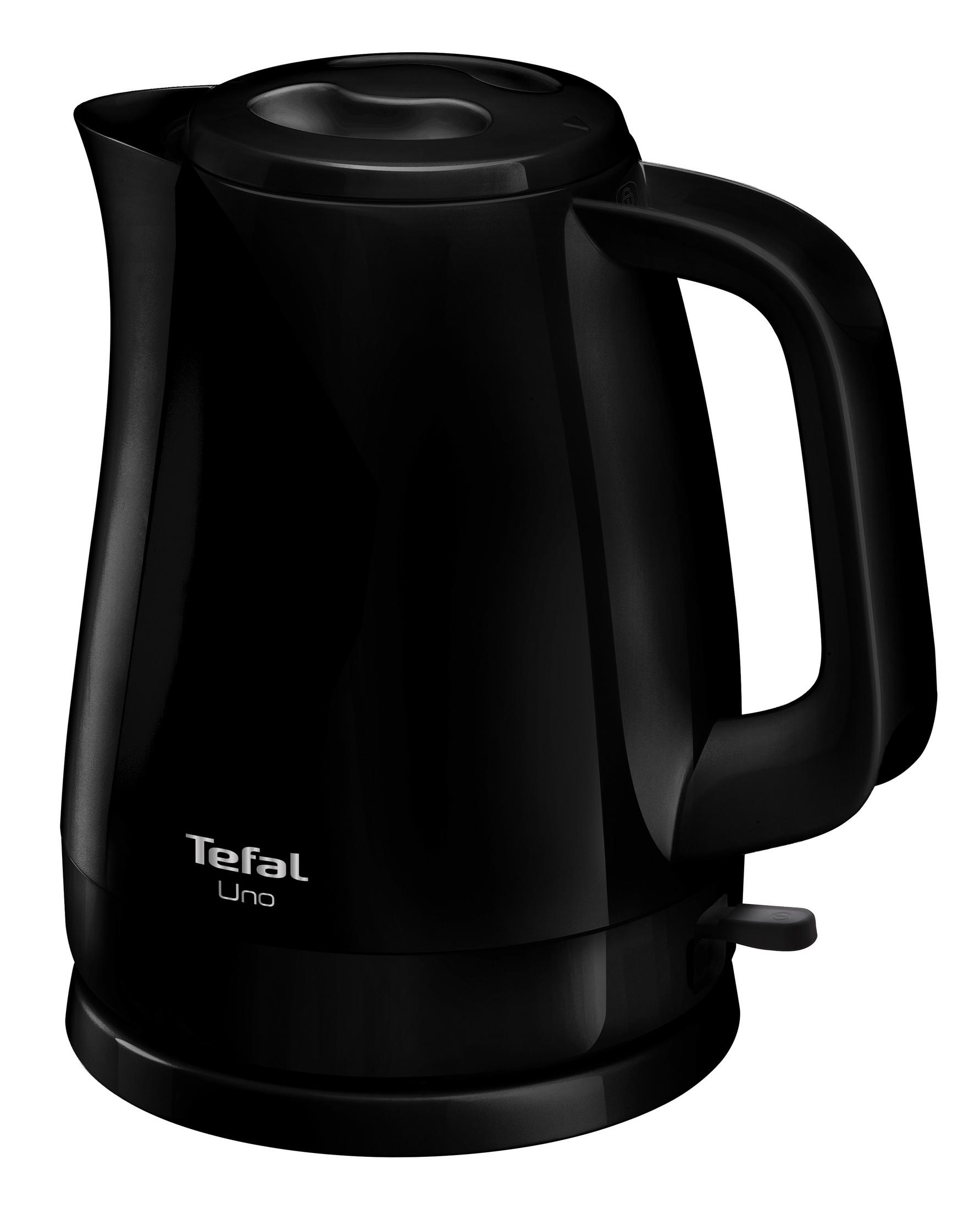 Schwarzer Tefal Uno Wasserkocher mit Griff auf weißem Hintergrund.