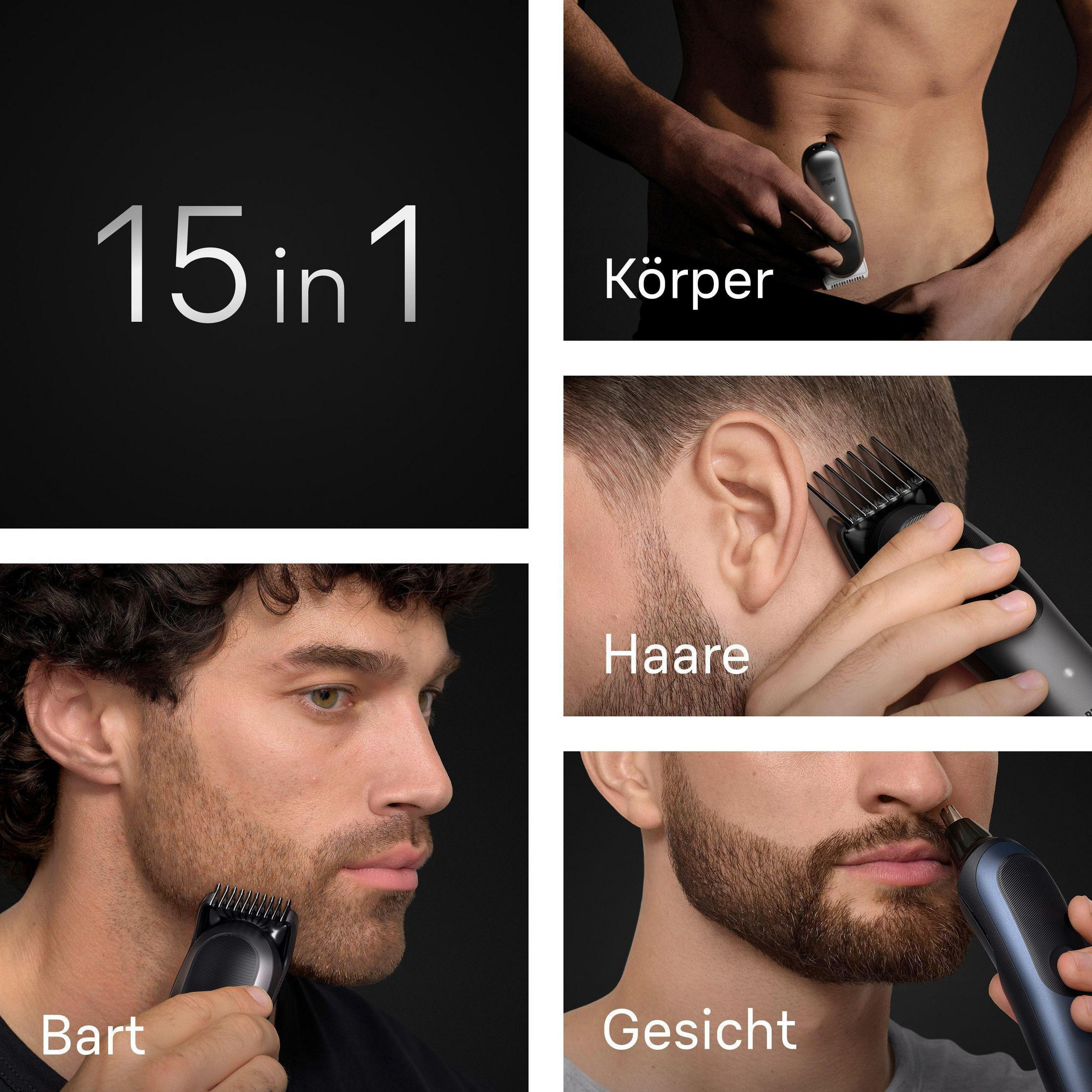 Image montrant une tondeuse utilisée pour les cheveux, la barbe, le visage et le corps. Texte : 15 en 1.
