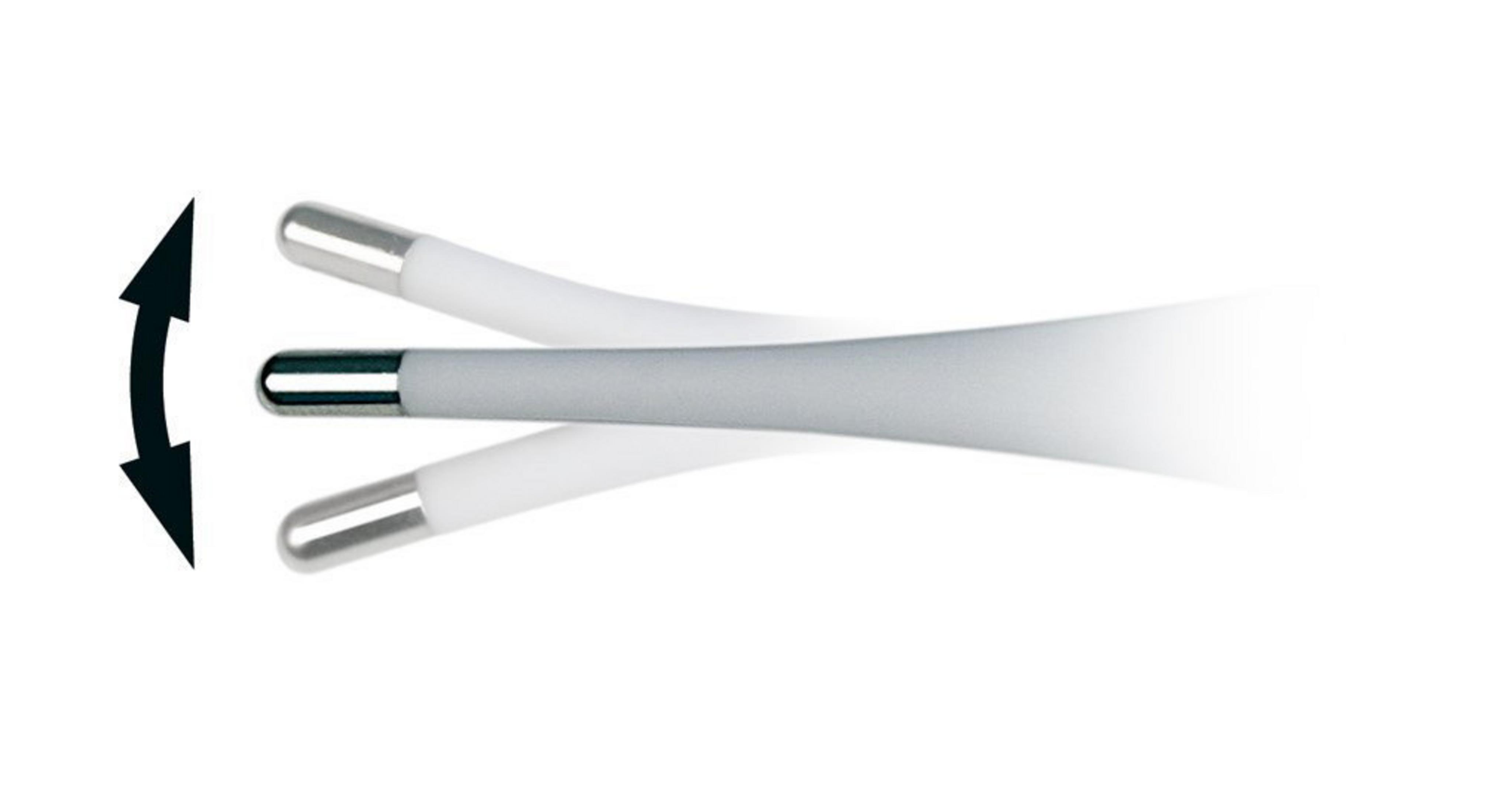 Trzy zagięte sondy medyczne ze srebrnymi końcówkami. Strzałki wskazują zginanie.