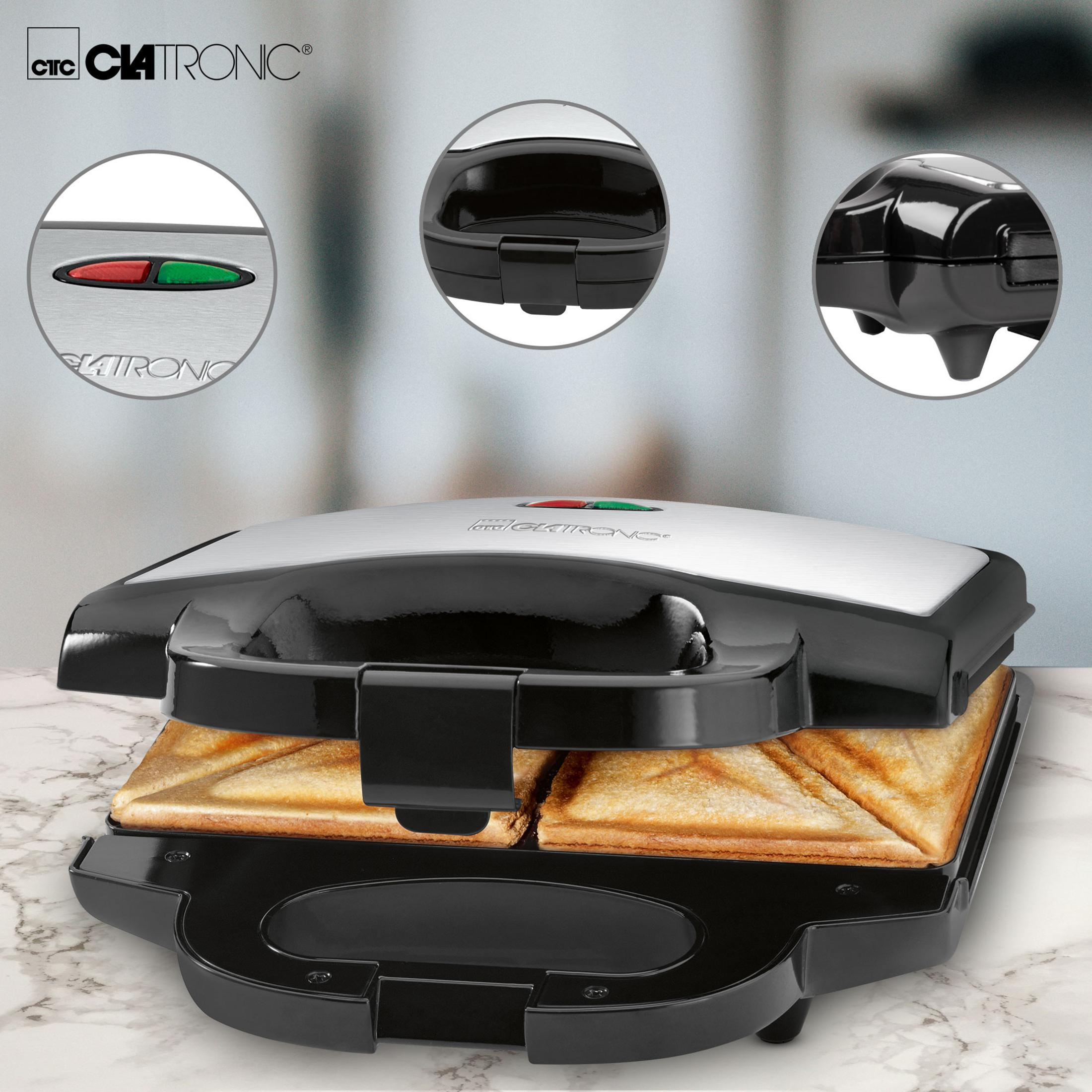 Sandwichera, abierta, con sándwiches y vista ampliada de los botones de control.