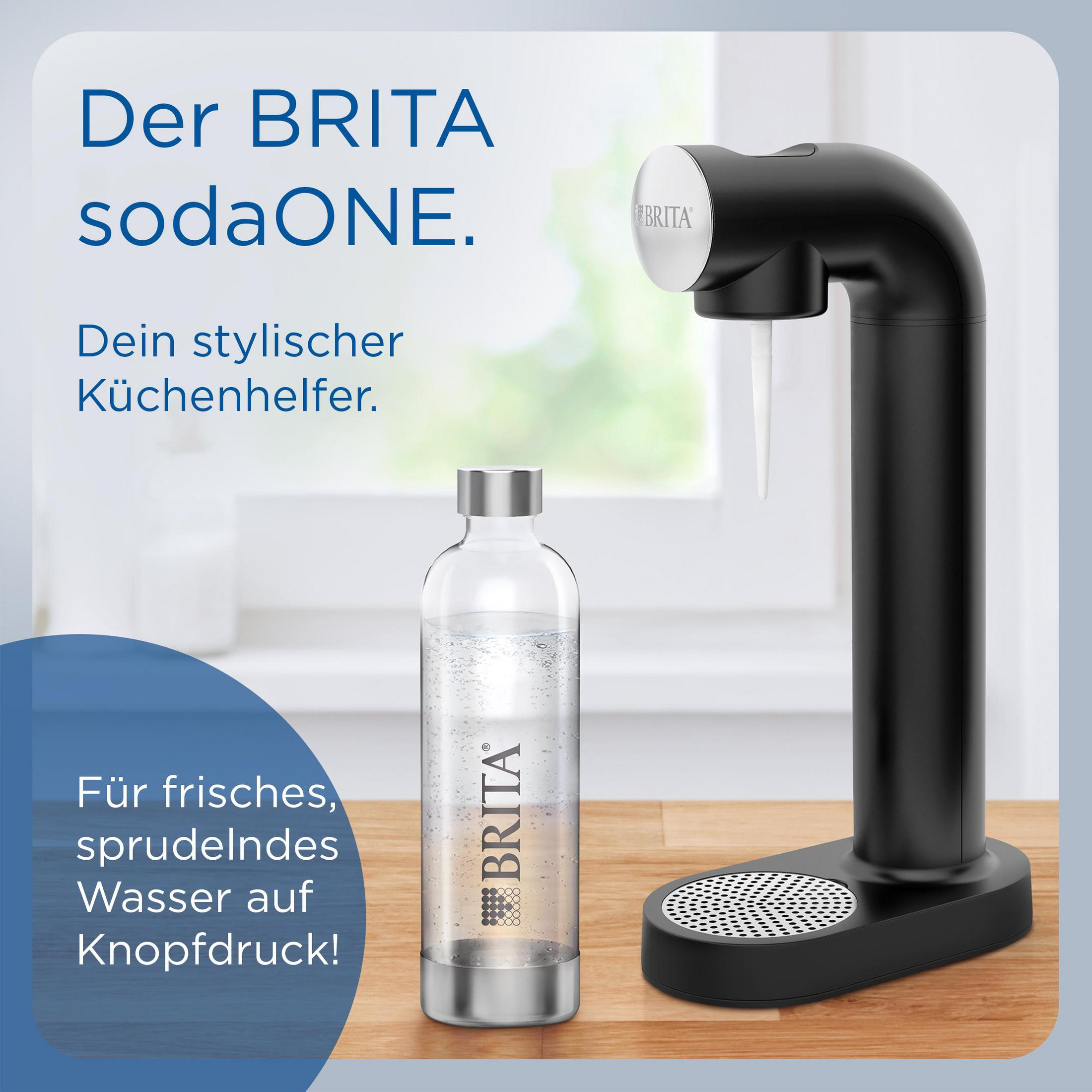 Ein schwarzer Sodabereiter und eine klare Wasserflasche stehen auf einer Holzoberfläche. Text ist über das Bild gelegt.