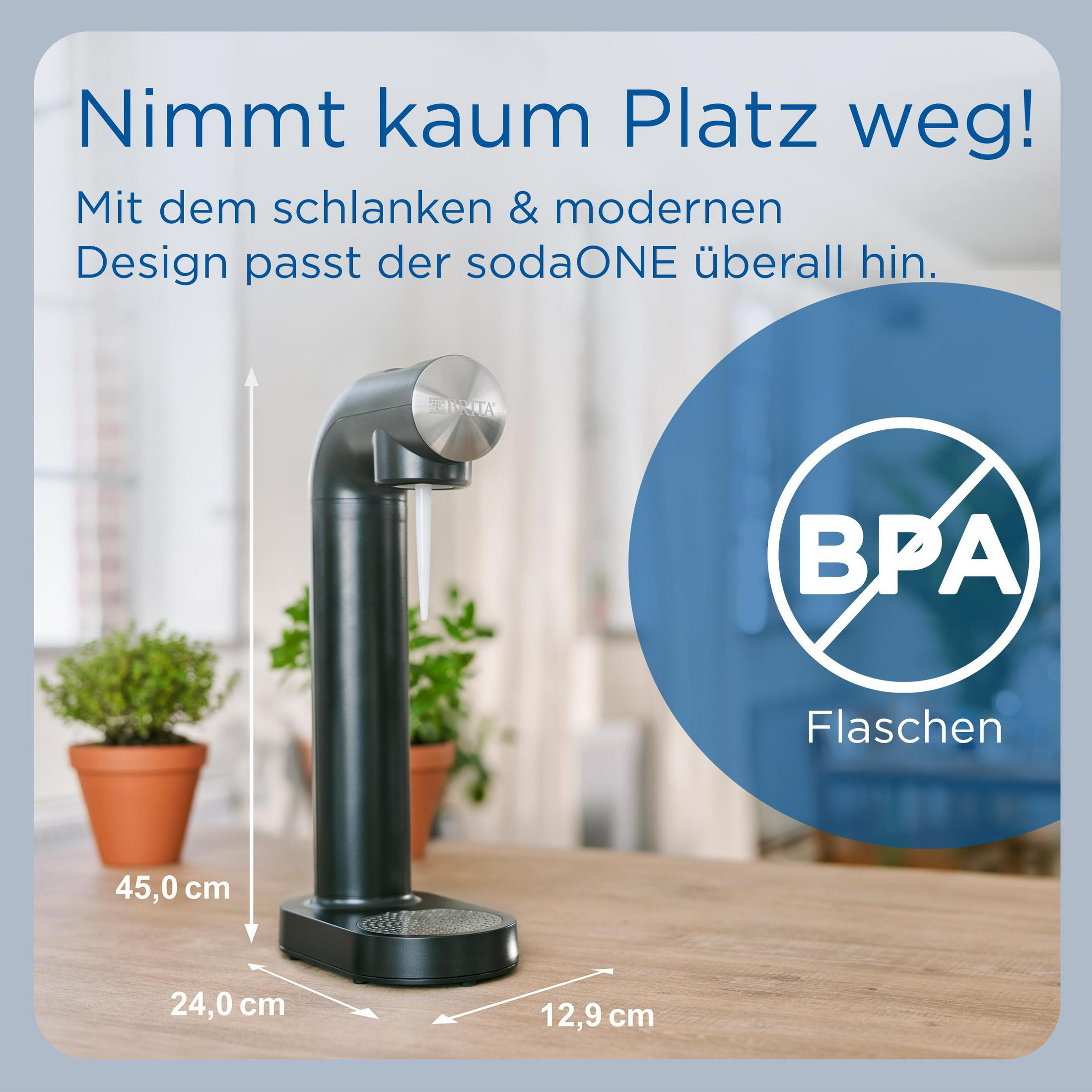 Schwarze Soda-Maschine.  Text lautet: Einfach eindrehen, sprudeln & genießen!