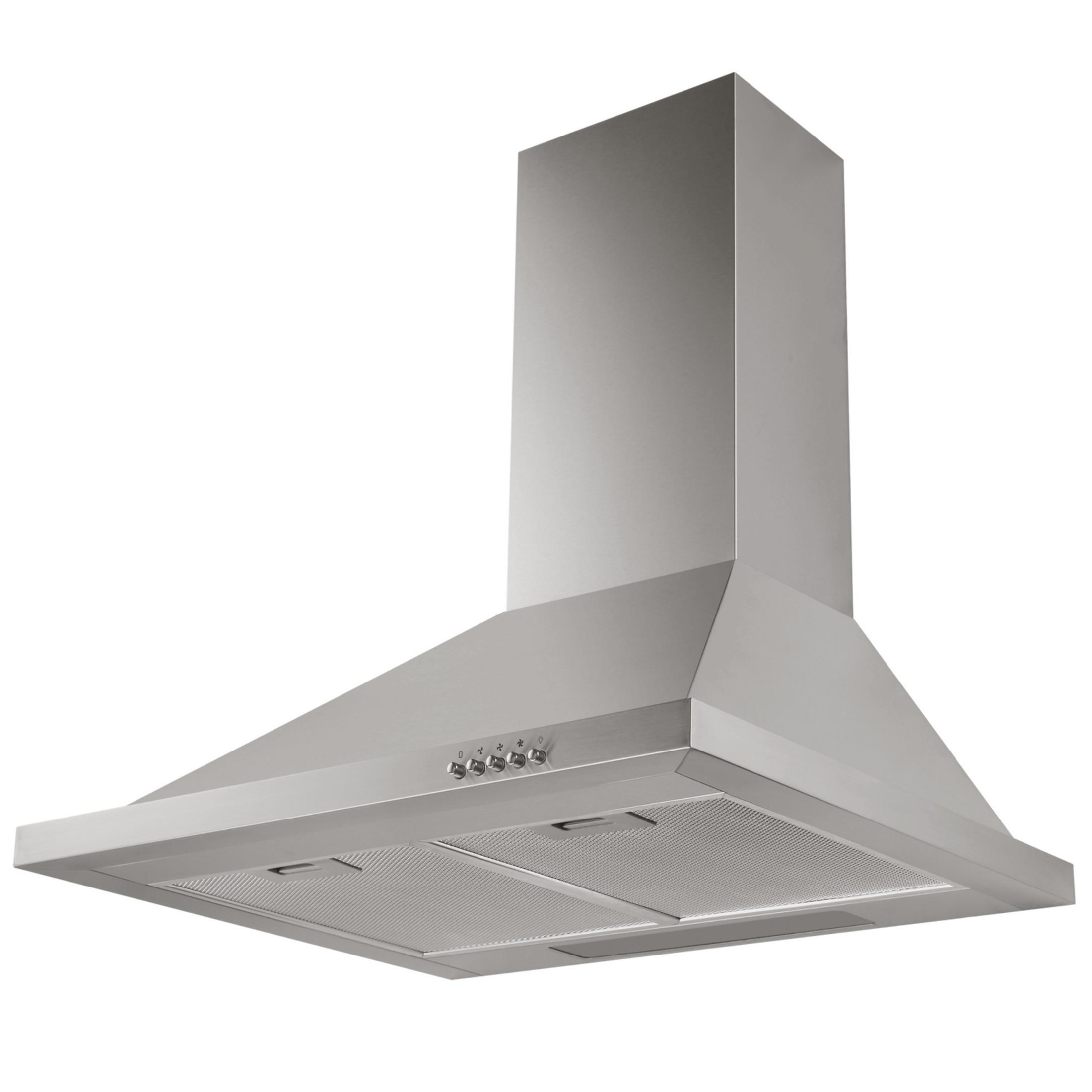 Stainless steel range hood, square design, with control buttons.