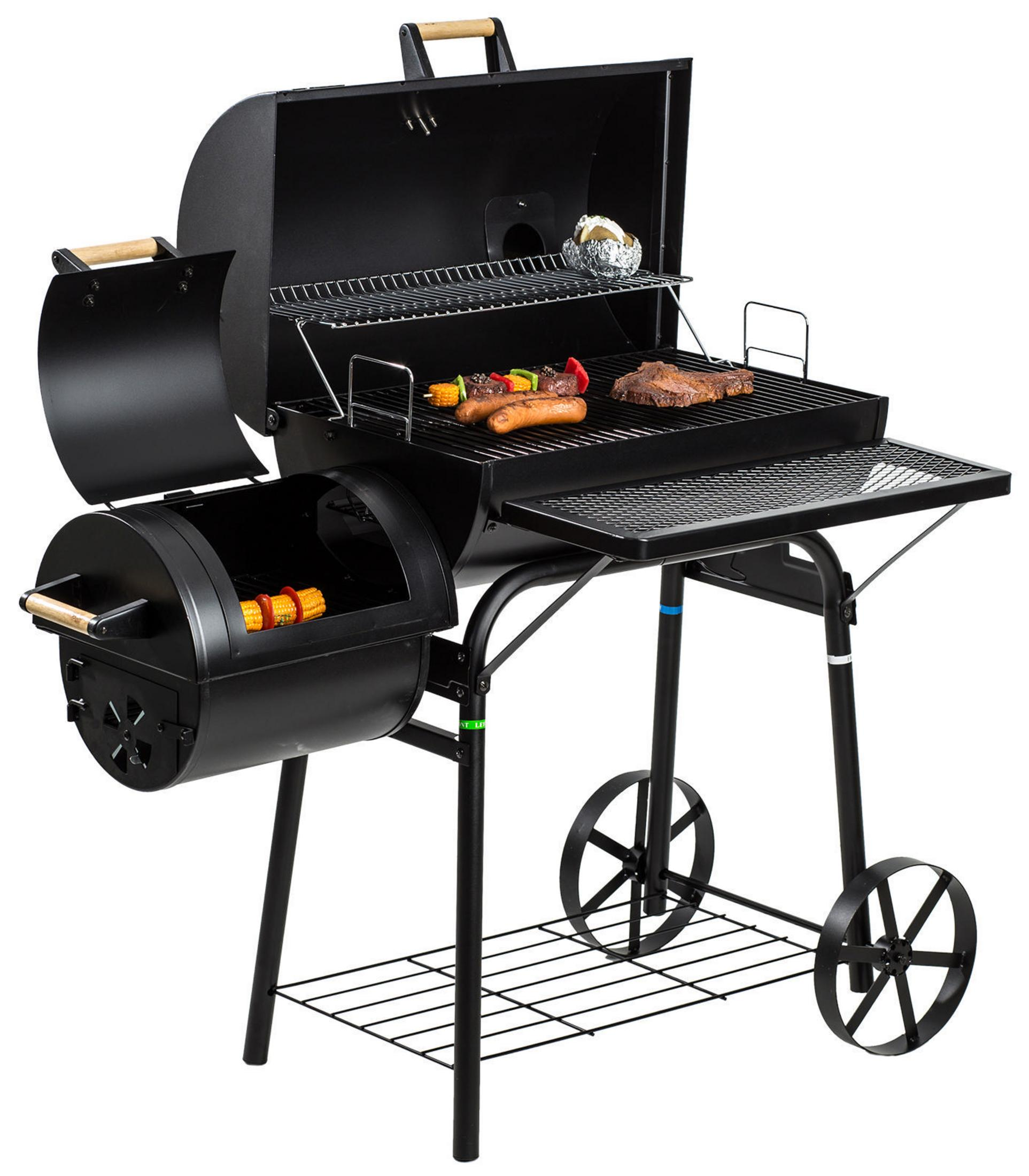 Ein schwarzer Außengrill mit zwei Seitenkammern und einem Kochrost.