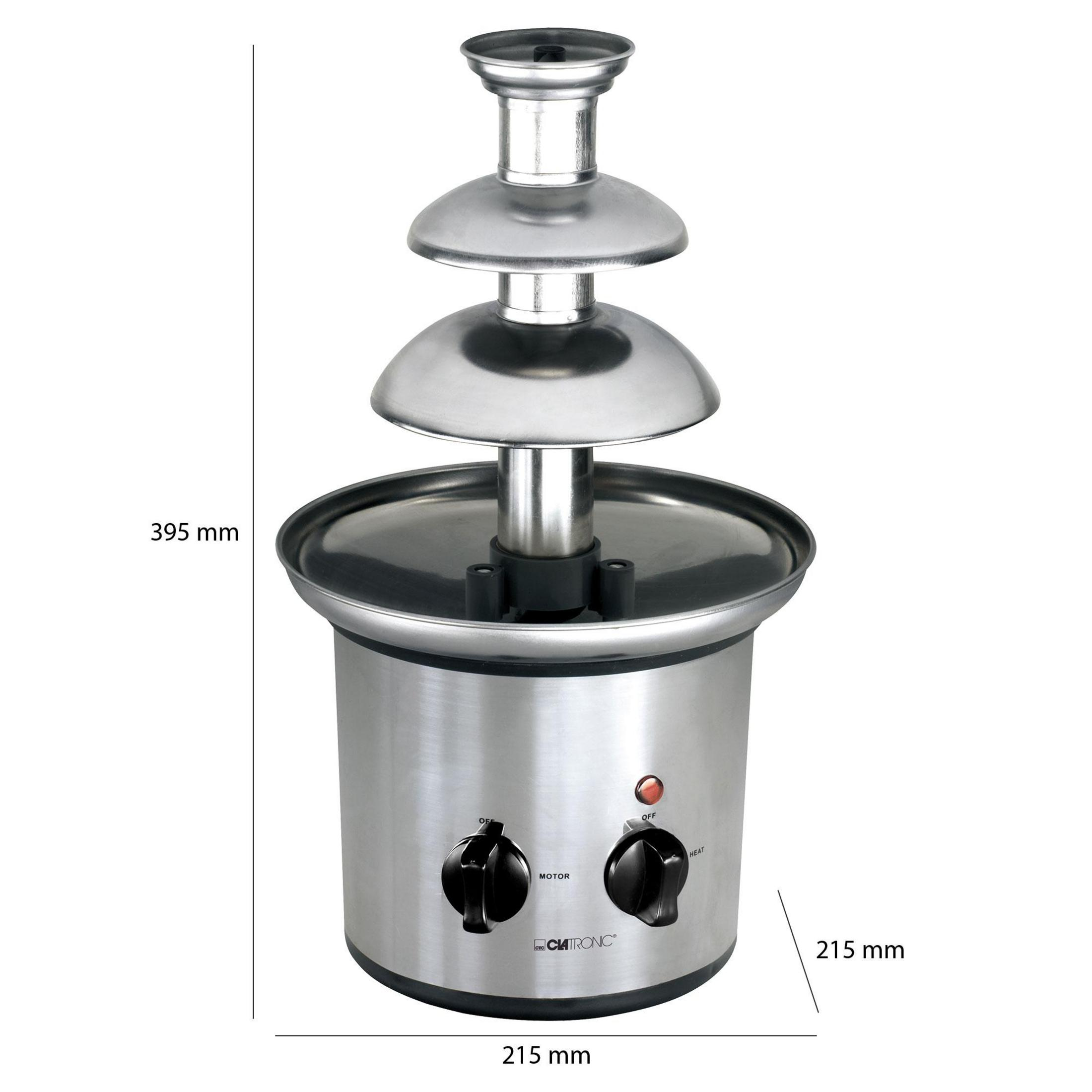 Fontanna czekoladowa z wymiarami. Srebrna podstawa, trójwarstwowa konstrukcja. Czarne pokrętła.