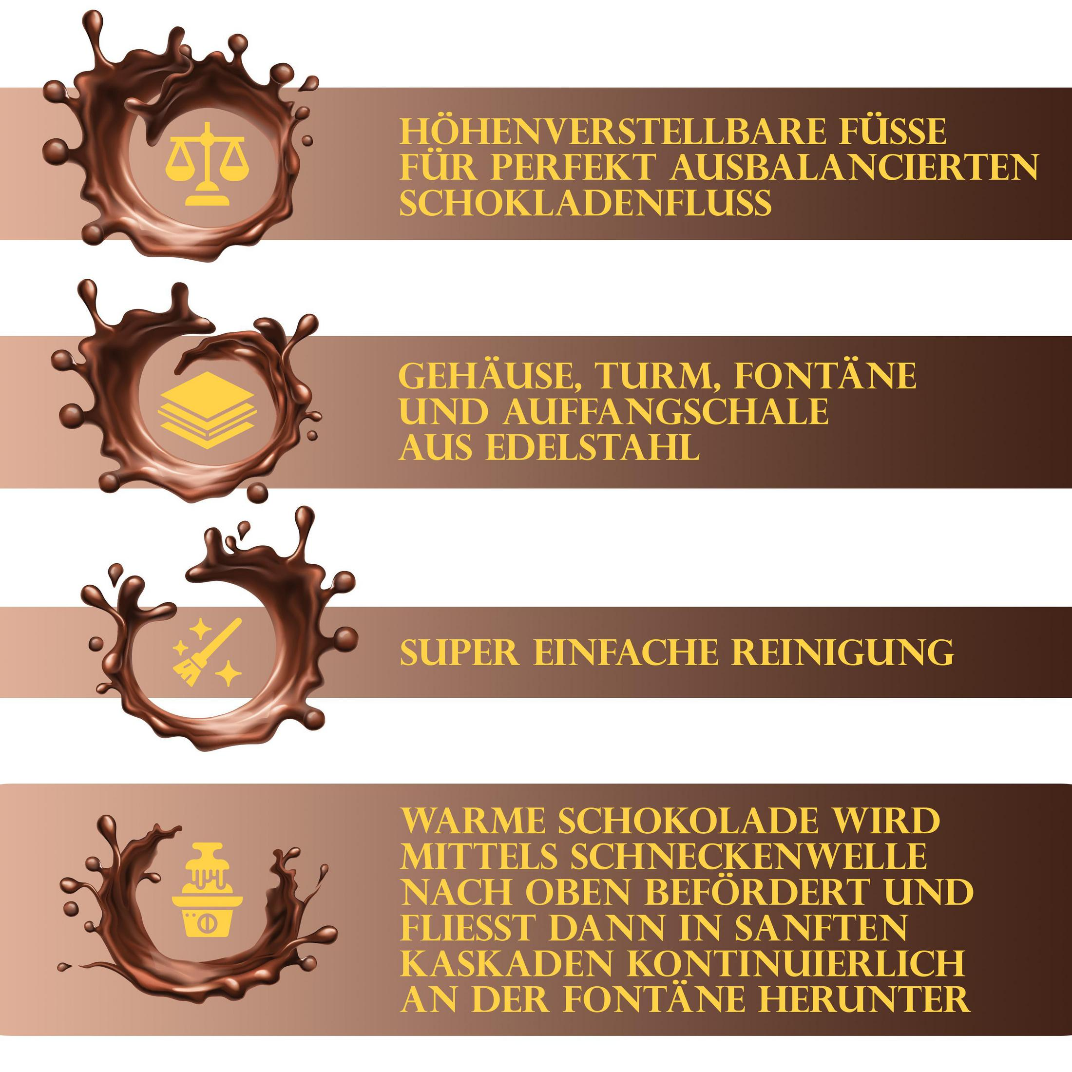 Fontanna czekoladowa z instrukcjami. Czekolada płynie od góry do dołu. Tekst: Regulowane nóżki, stal nierdzewna.