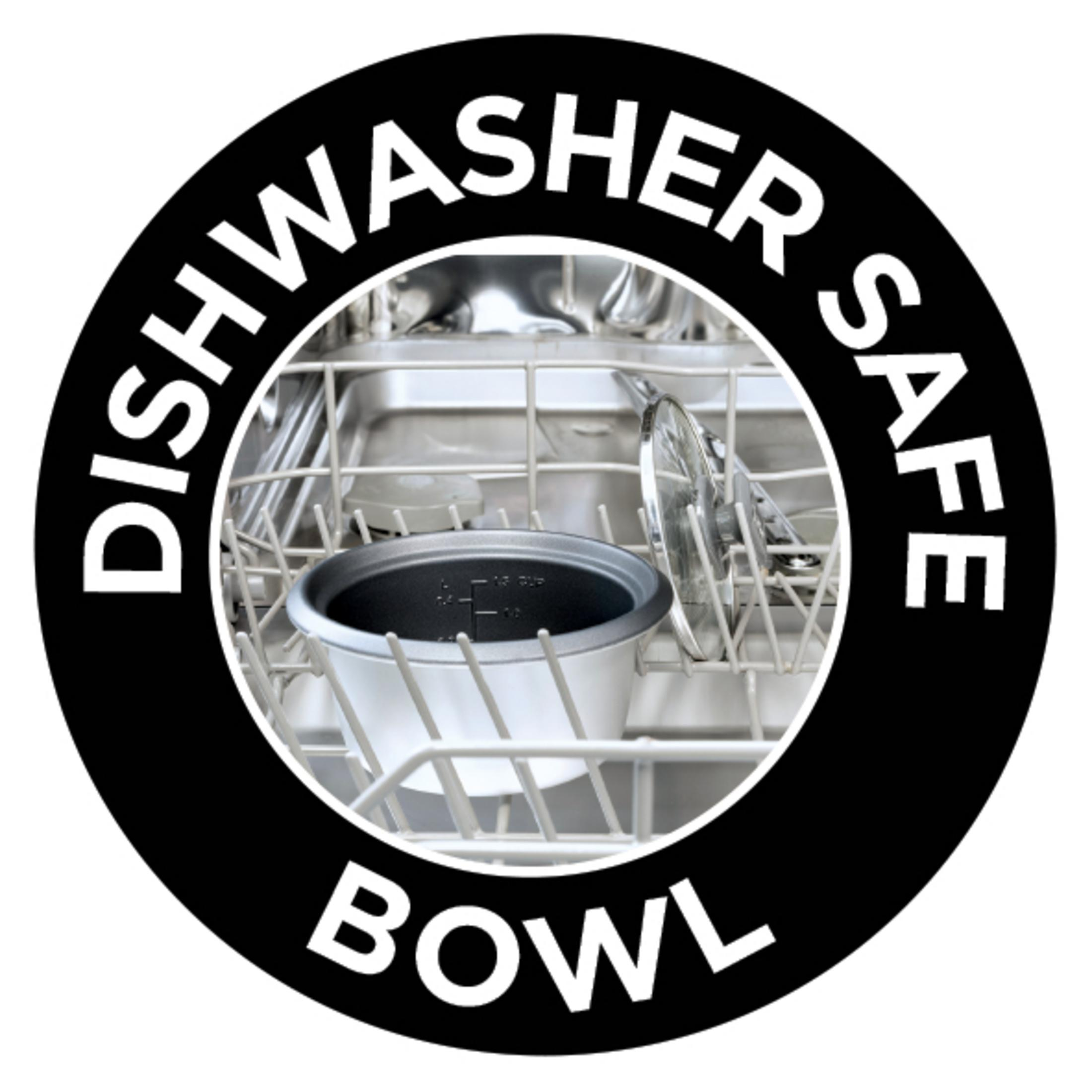 Miska nadająca się do mycia w zmywarce wewnątrz zmywarki. Czarno-biały tekst okrągły.