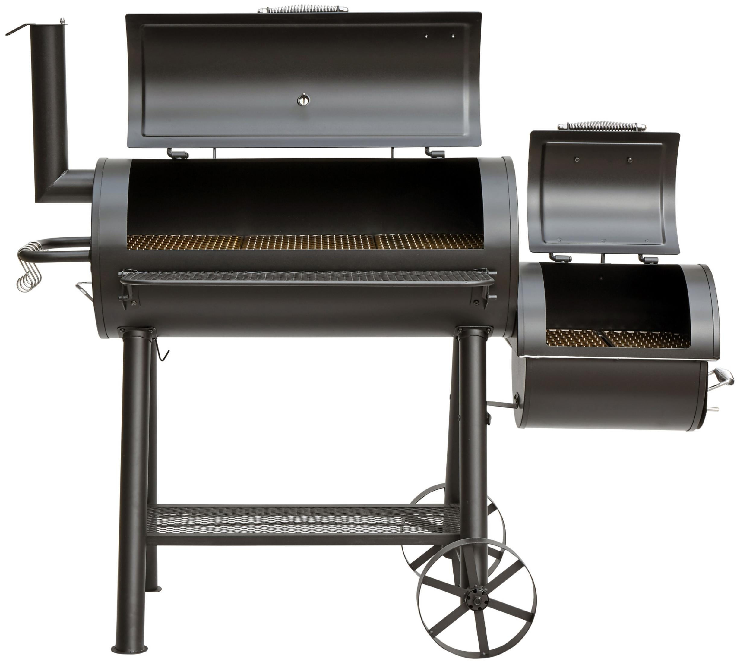 Offener schwarzer Smoker-Grill. Zeigt Innenrost und Feuerbox. Mit Schornstein und Rädern.