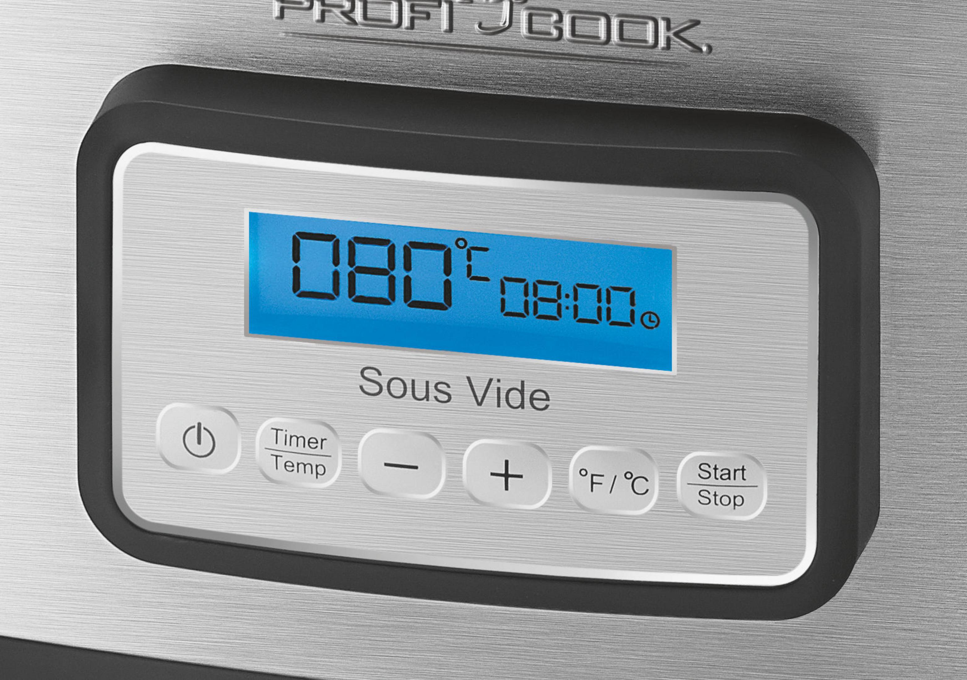 Zbliżenie cyfrowego wyświetlacza z ustawieniami temperatury i czasu do gotowania sous vide.