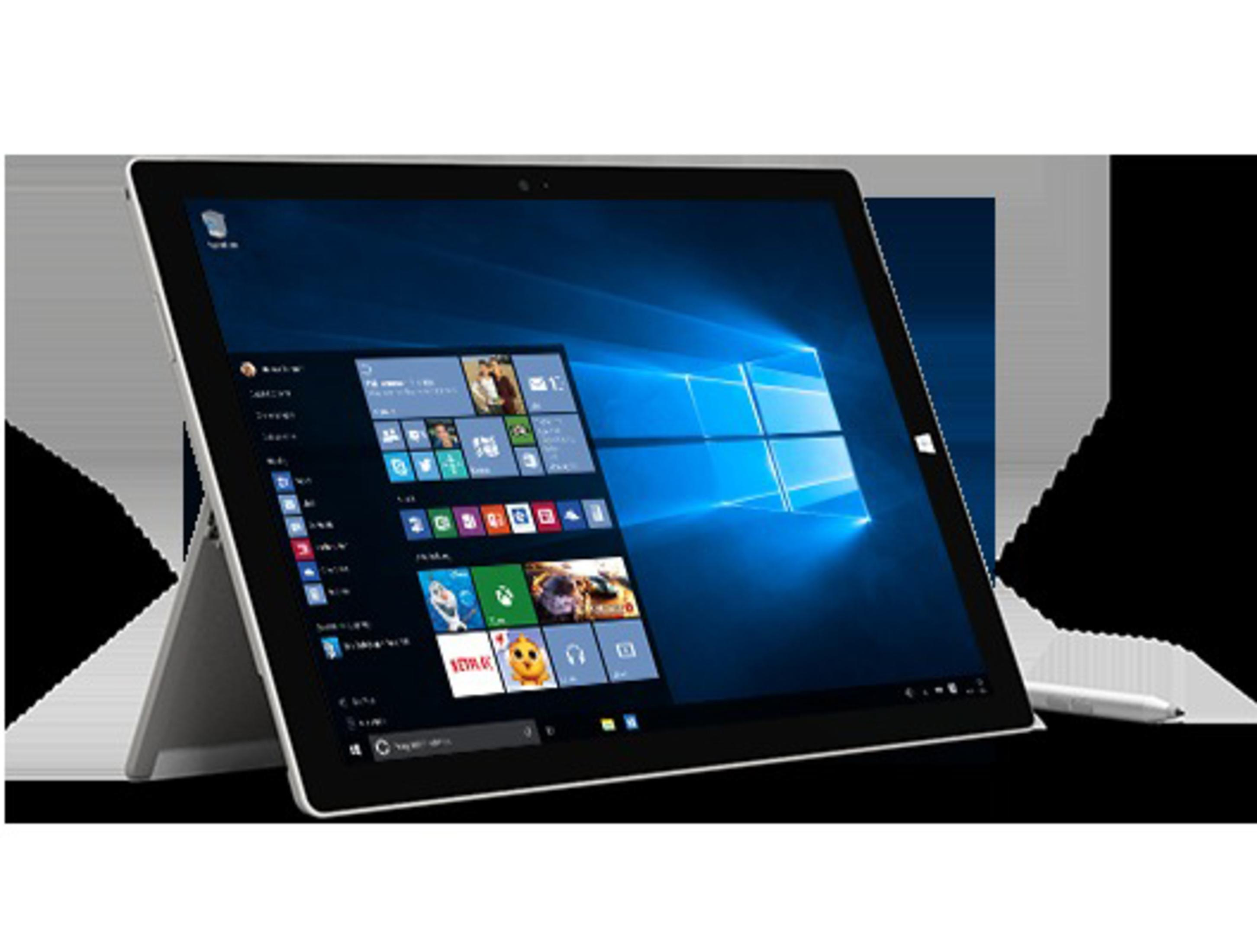 Ein Tablet mit Windows-Oberfläche, auf einem Ständer und Stift. Der Bildschirm zeigt das Startmenü.