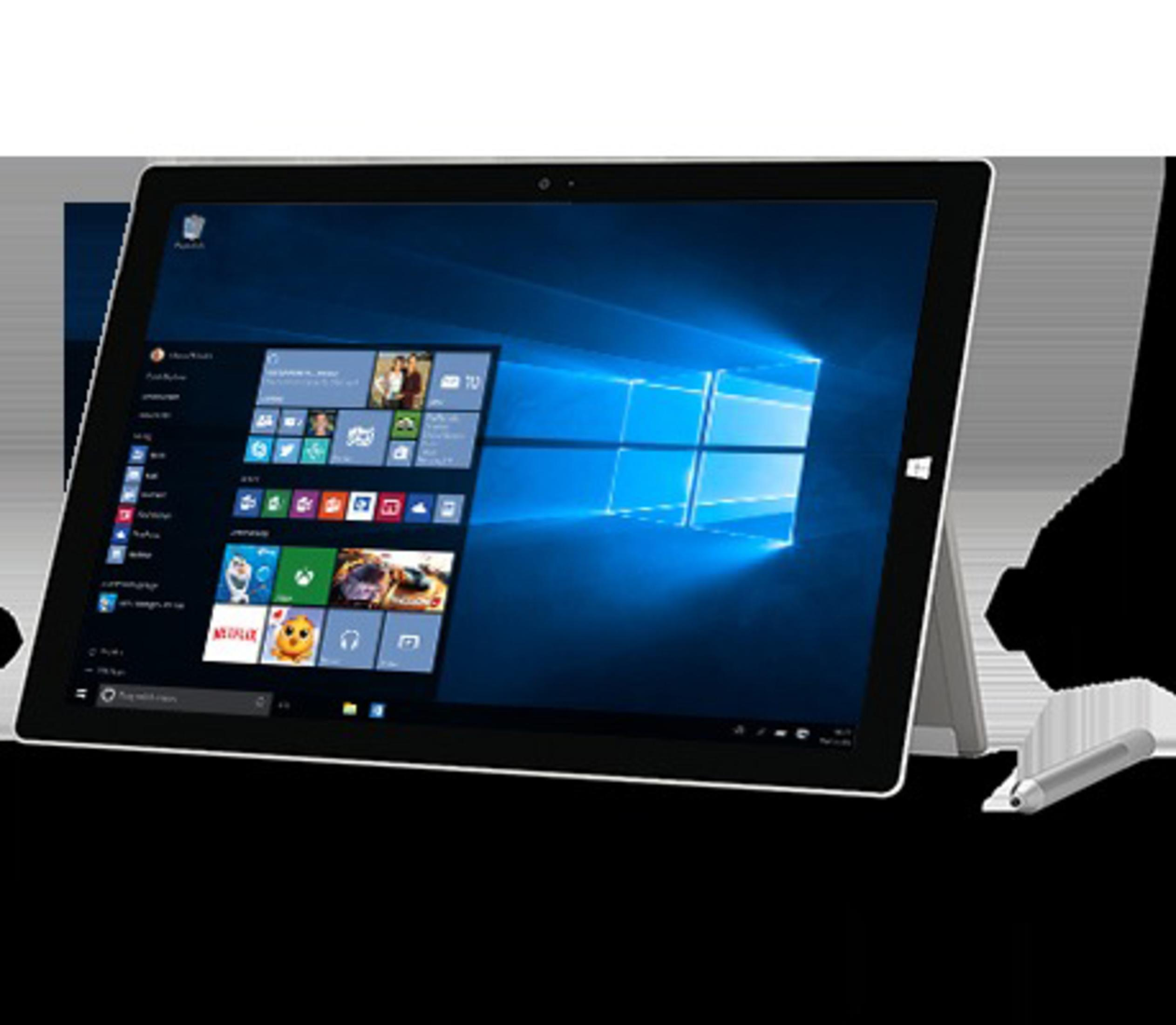 Ein Tablet mit Windows-Desktop, das App-Symbole anzeigt. Es steht auf einem Ständer. Ein Stift ist sichtbar, mit dunklem Hintergrund.