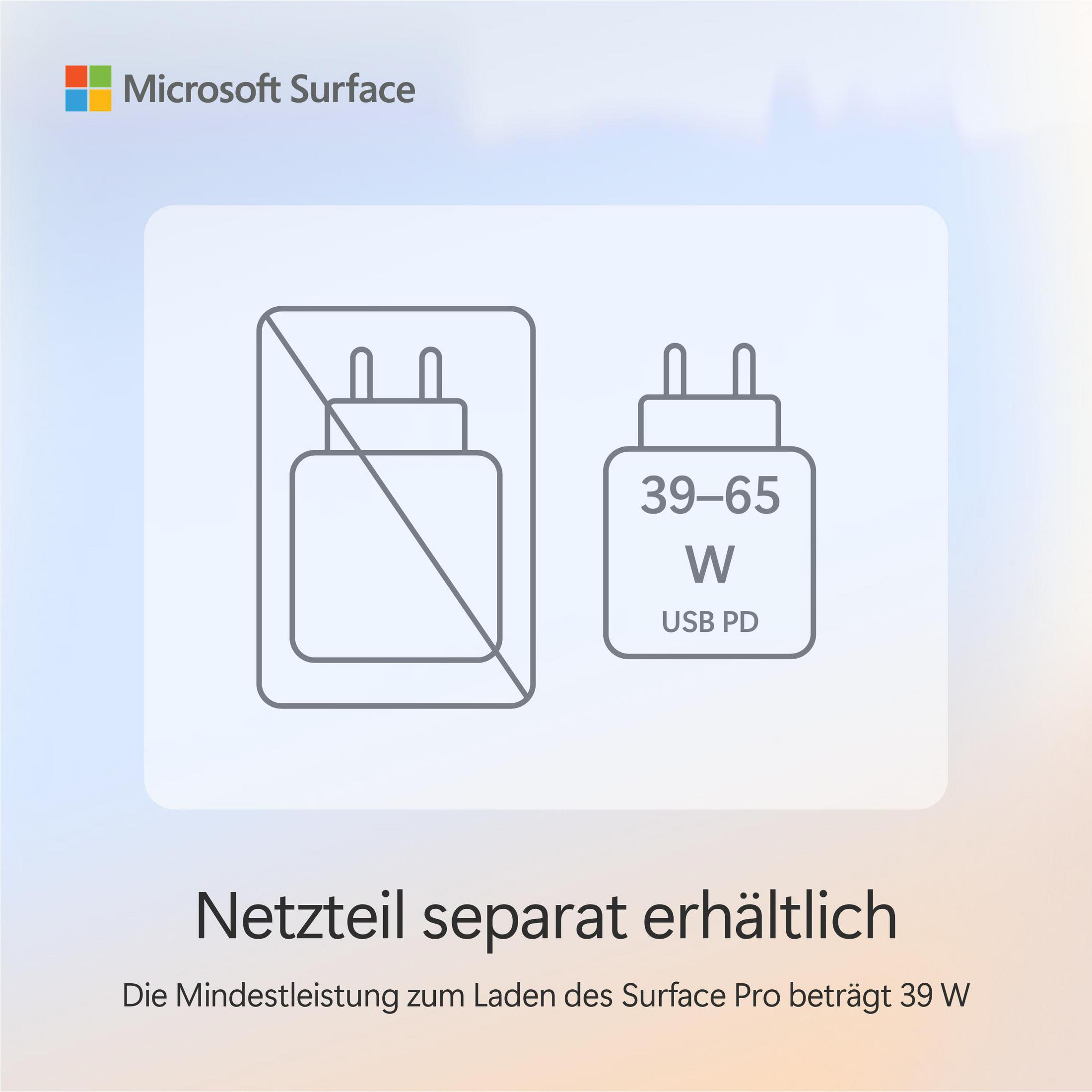 Bild eines Microsoft Surface-Ladegeräts mit durchgestrichenem Ladesymbol und einem 39-65W USB PD-Etikett.
