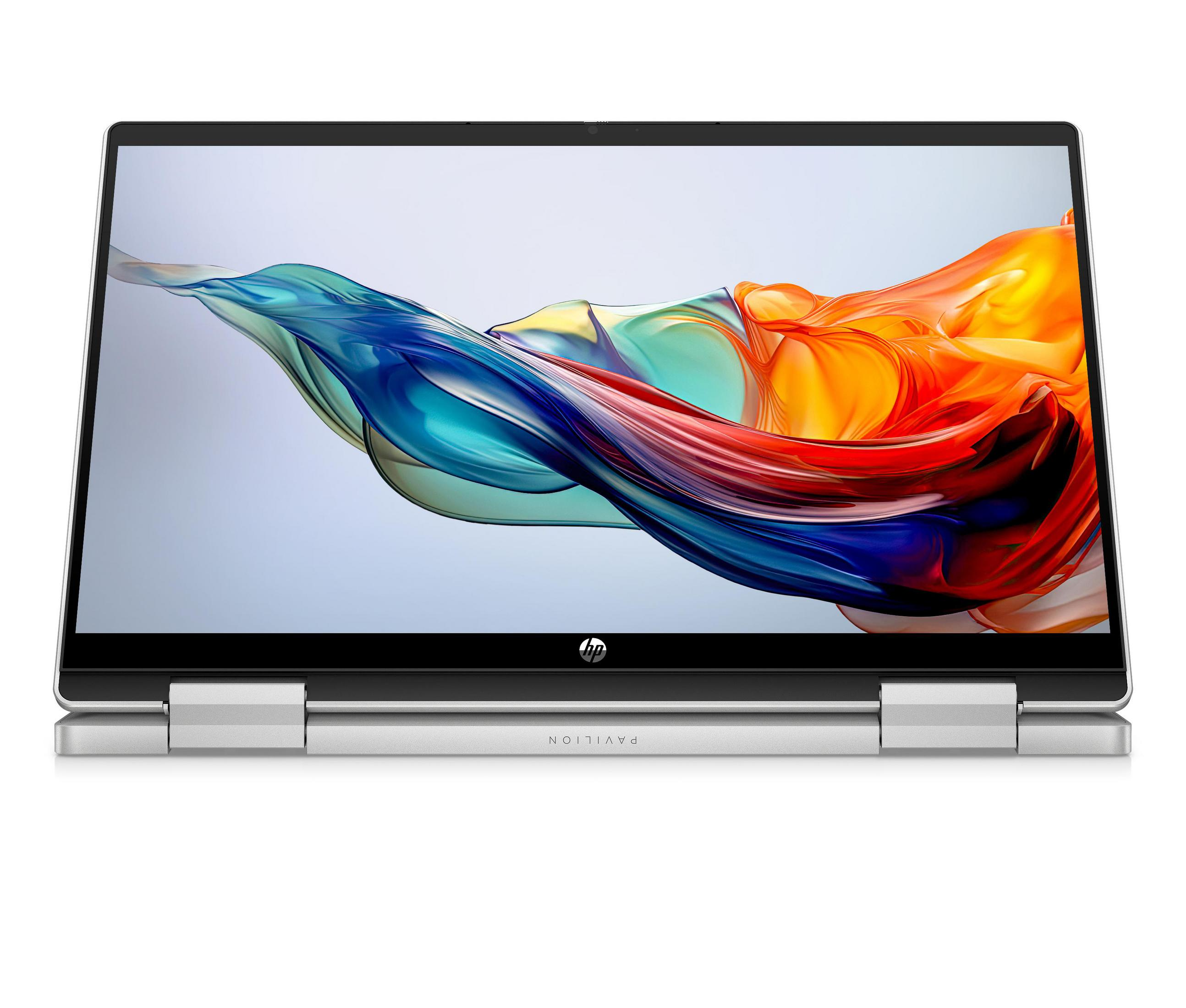 Silberner Laptop mit geöffnetem Bildschirm, buntes abstraktes Kunstwerk und HP Logo.