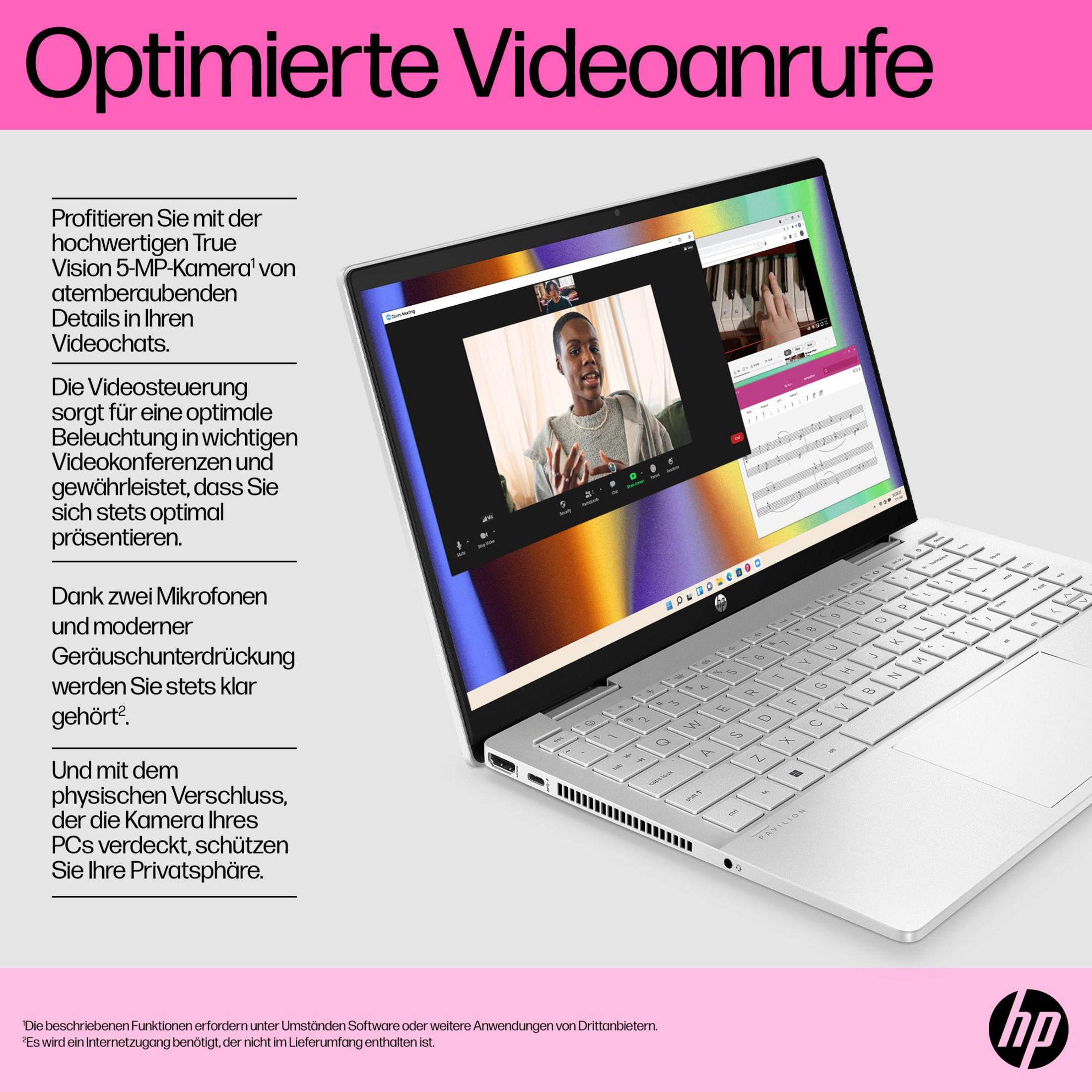 Laptop-Bildschirm zeigt Videoanruf und HP-Logo. Text über Videoanrufe oben.