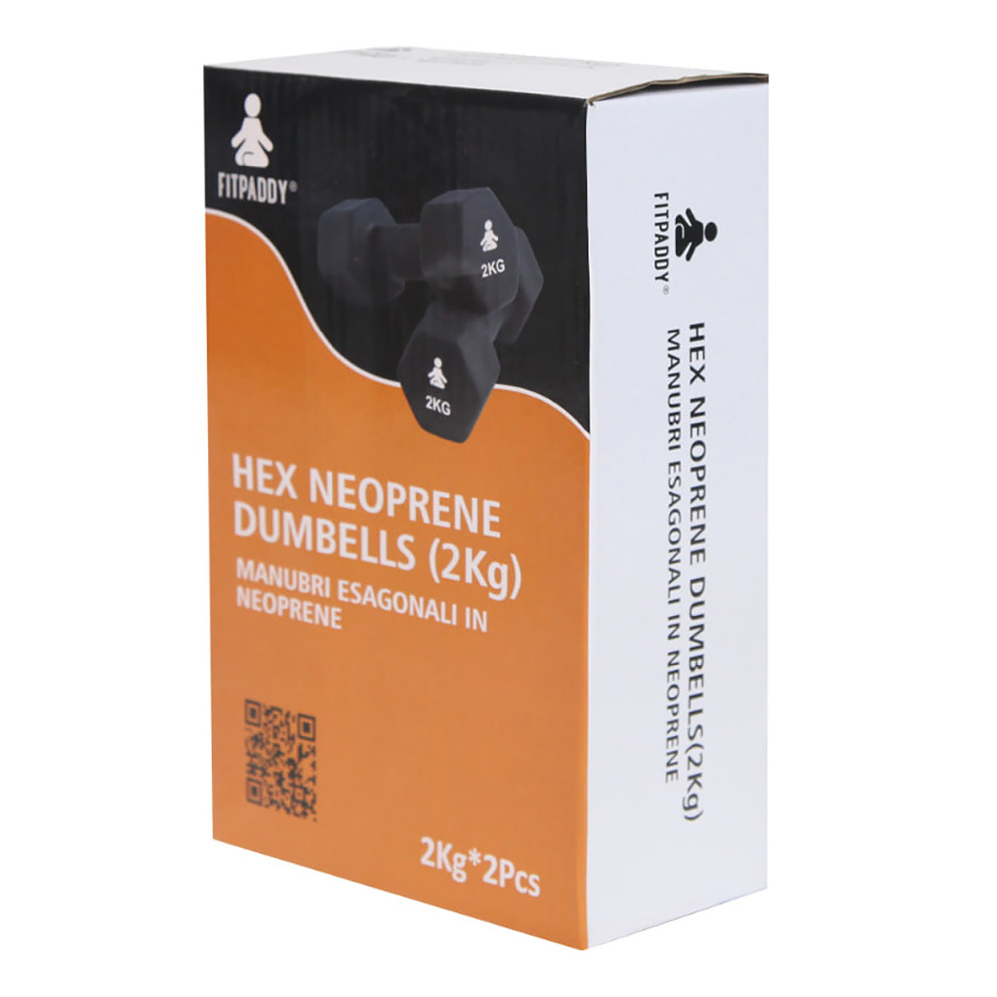 Scatola di manubri esagonali in neoprene nero con 'HEX NEOPRENE DUMBBELLS (2KG)'.
