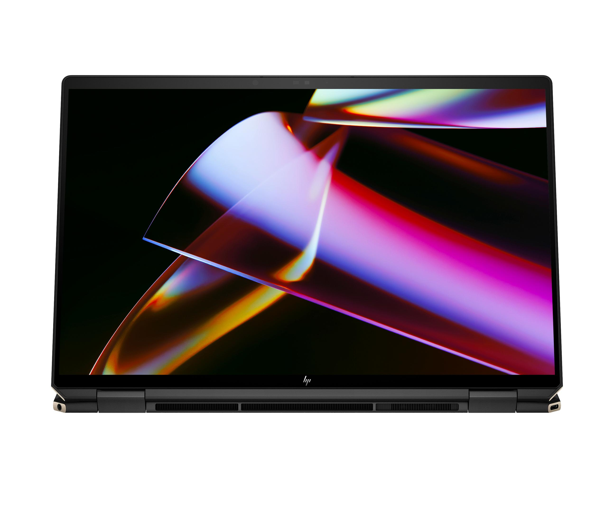 Schwarzer Laptop mit weißem Logo, geöffnet und angewinkelt, mit farbigem Bildschirm.