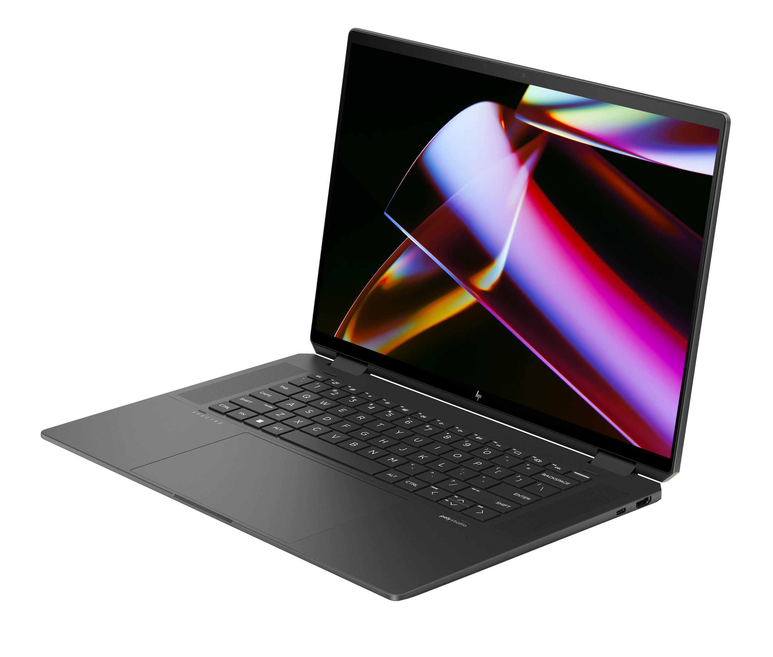 Schwarzer Laptop mit weißem Logo, geöffnet und angewinkelt, mit farbigem Bildschirm.