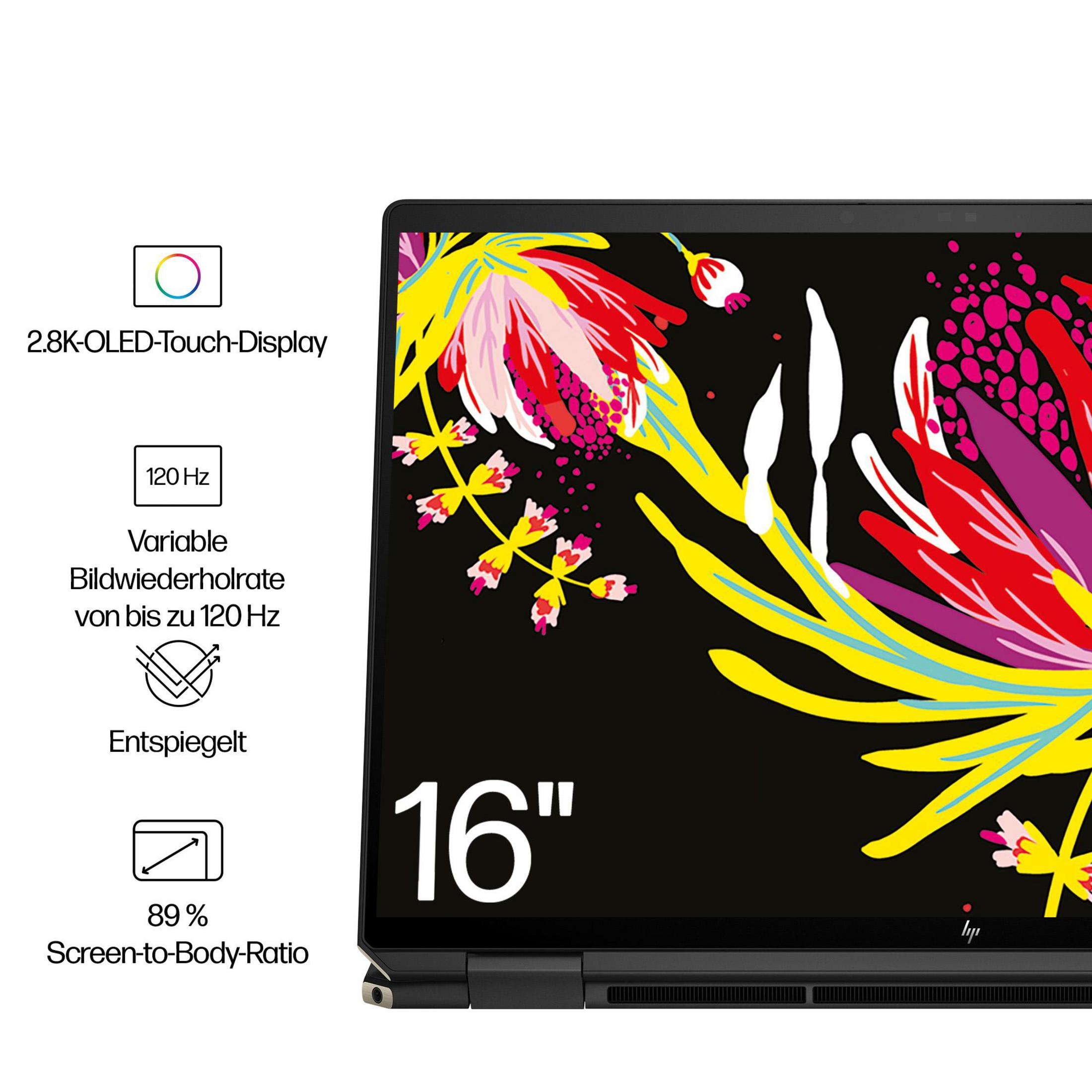 Ein Laptop mit lebendigem, farbenfrohem Display. Der Text auf dem Bildschirm lautet 16 und 2.8K OLED.