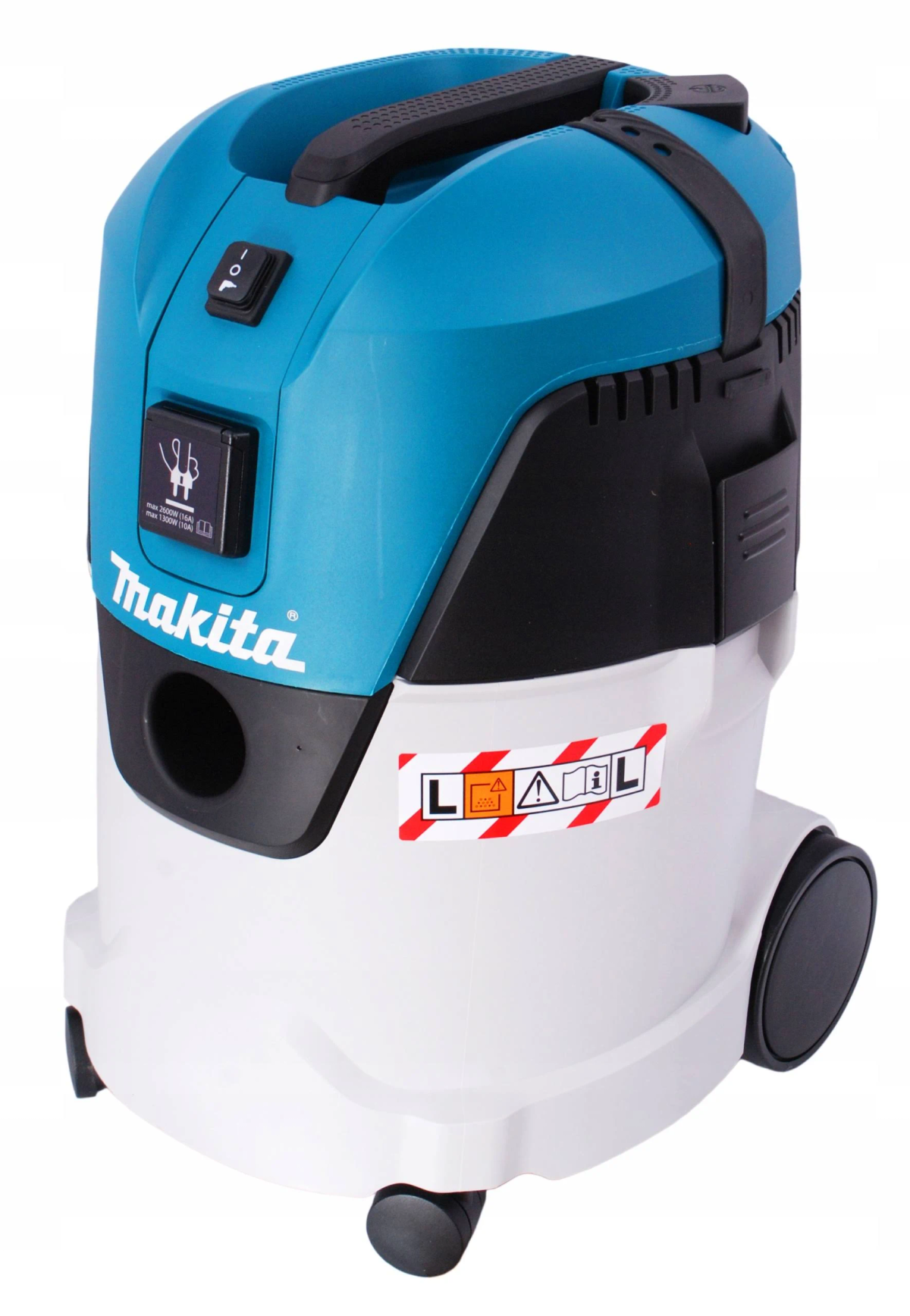Aspiradora azul y blanca con la marca Makita. Tapa y asa negras. Ruedas en la parte inferior.