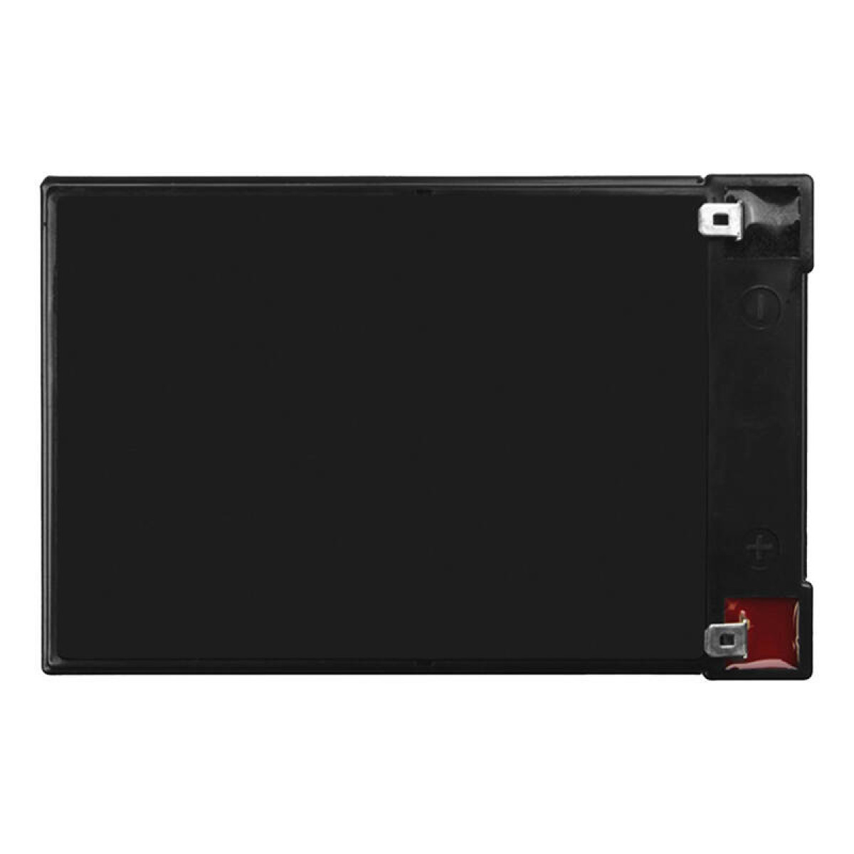 Schwarze rechteckige Batterie. Mit Plus- und Minuszeichen und anderen Markierungen versehen.