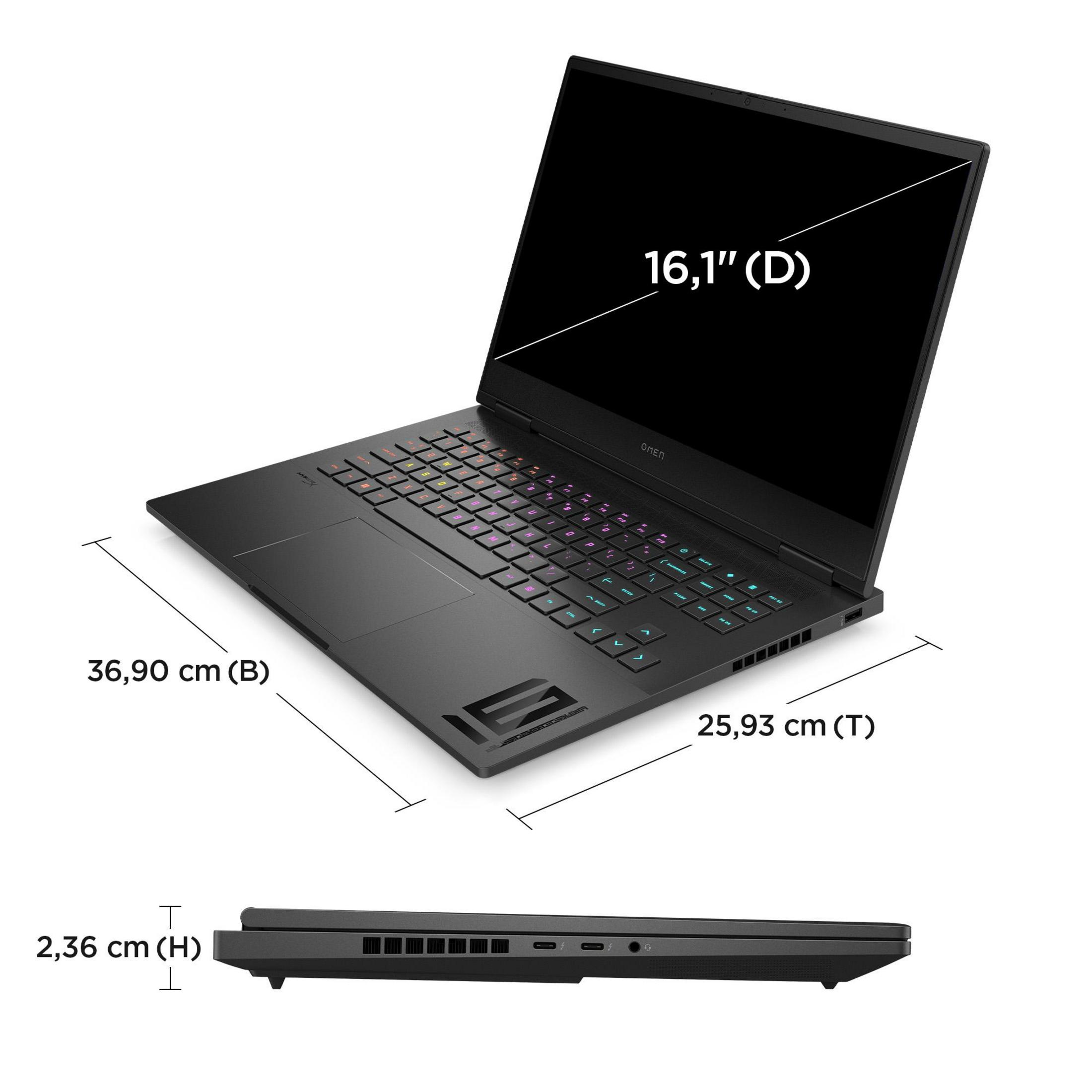 Schwarzer Laptop, zeigt Abmessungen und Dicke. Eine Seitenansicht zeigt Anschlüsse.