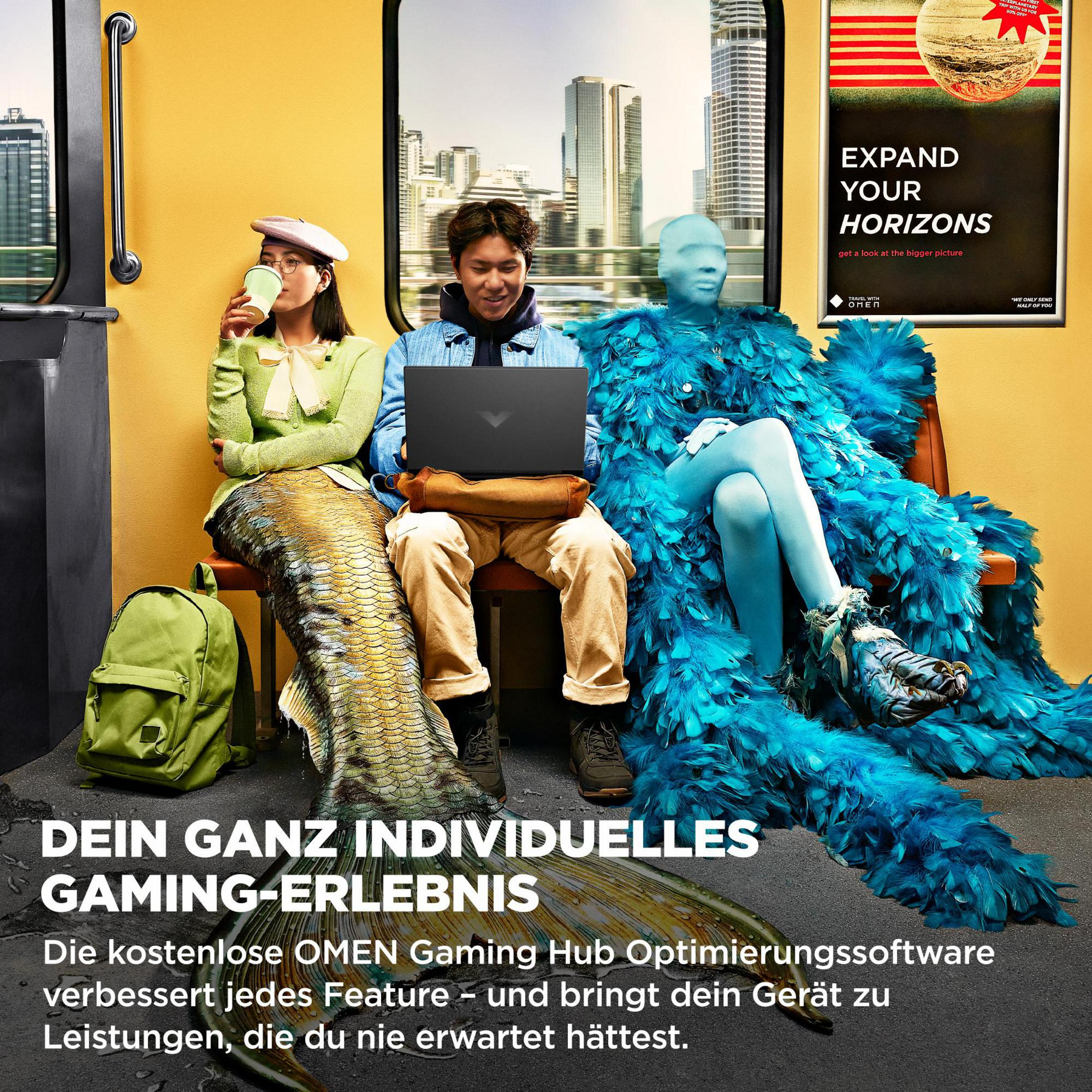 Menschen in einem Zug mit Laptop und einer Meerjungfrau. Ein Plakat sagt 'Erweitere deinen Horizont'.