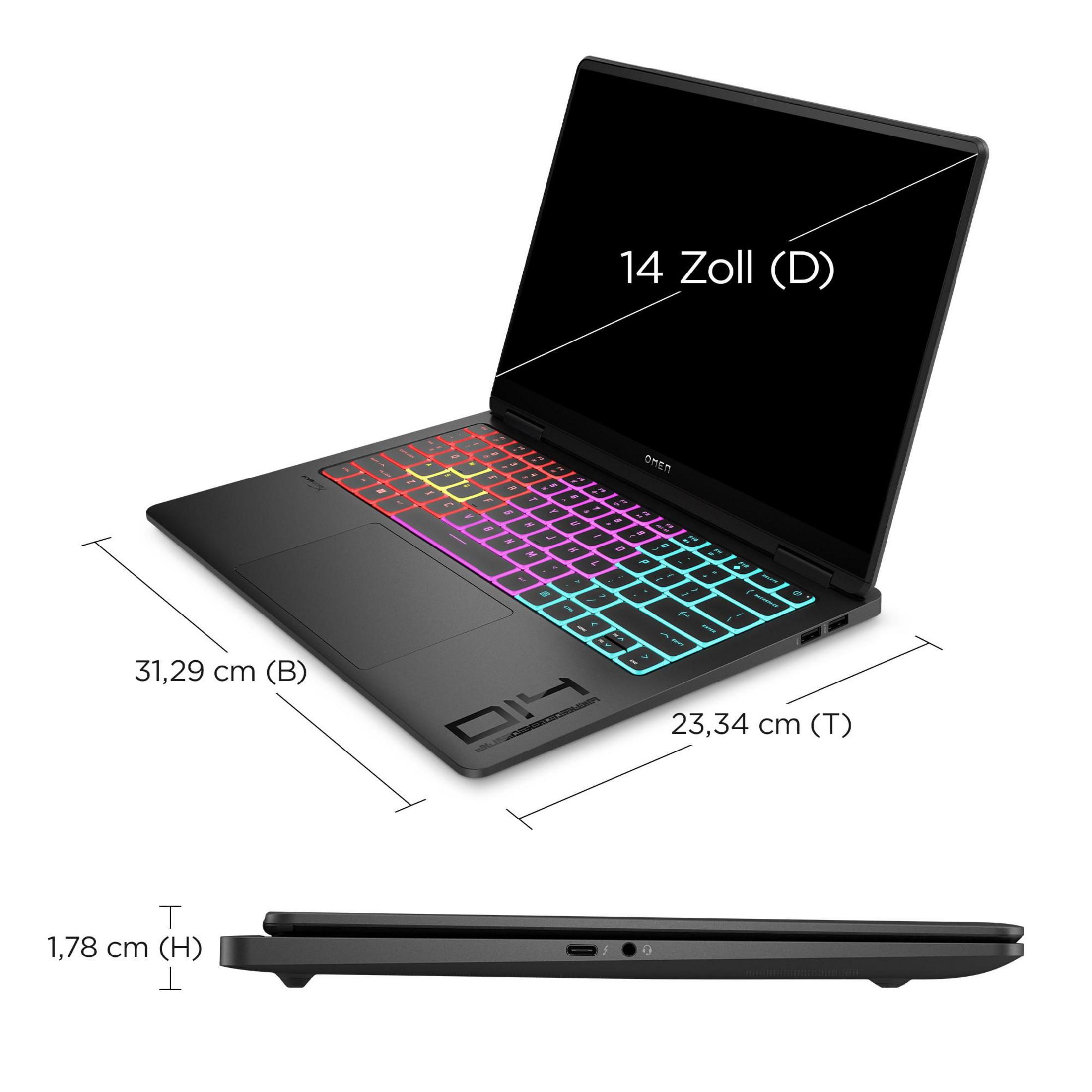 Czarny laptop, pod kątem, pokazujący wymiary w cm i widok z boku pokazujący grubość.