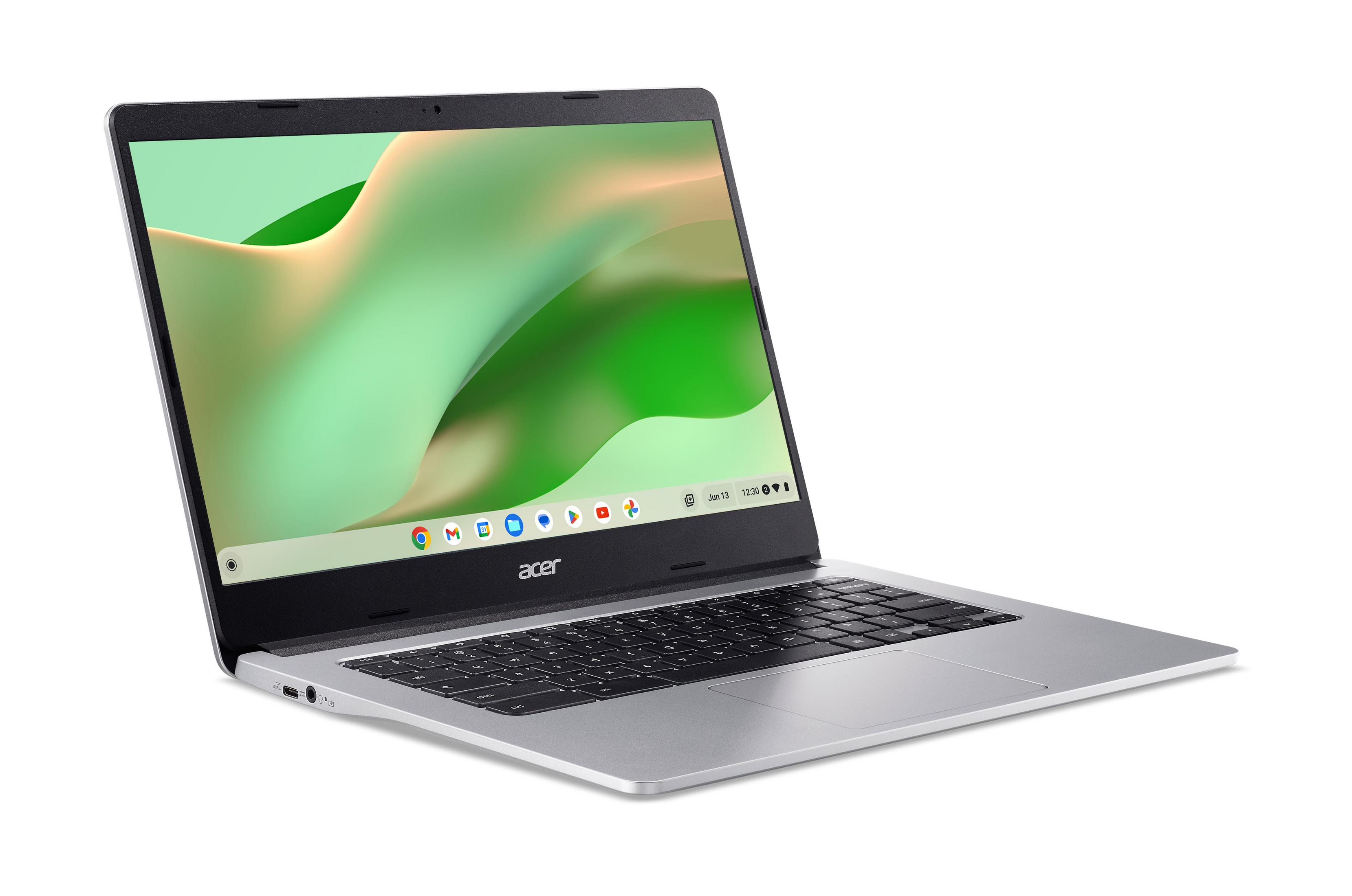 Silberner Laptop angewinkelt offen, zeigt einen Bildschirm. Ein Acer-Logo ist sichtbar.