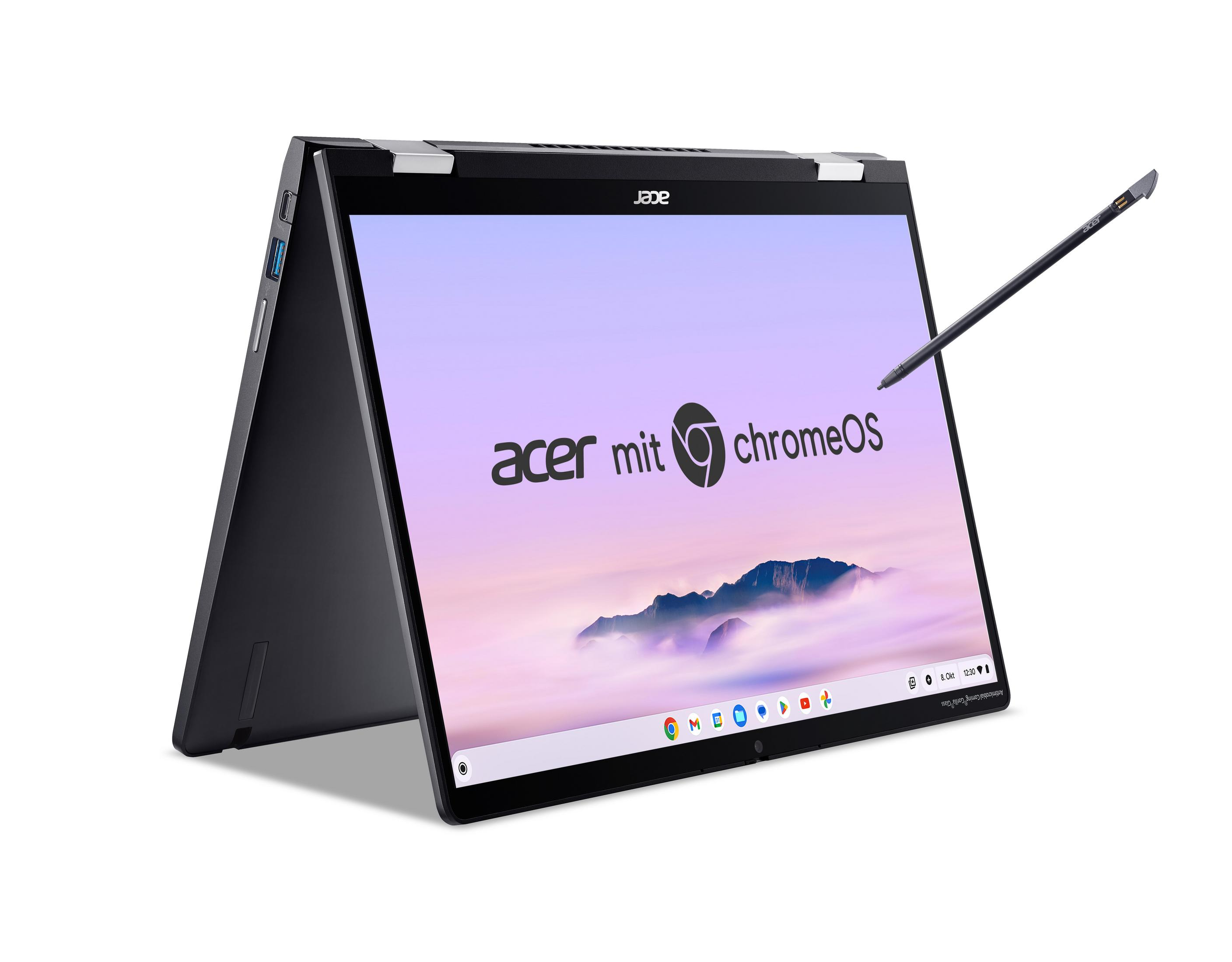 Schwarzer Acer Chromebook-Laptop mit Stift, abgewinkelt auf weißem Hintergrund.