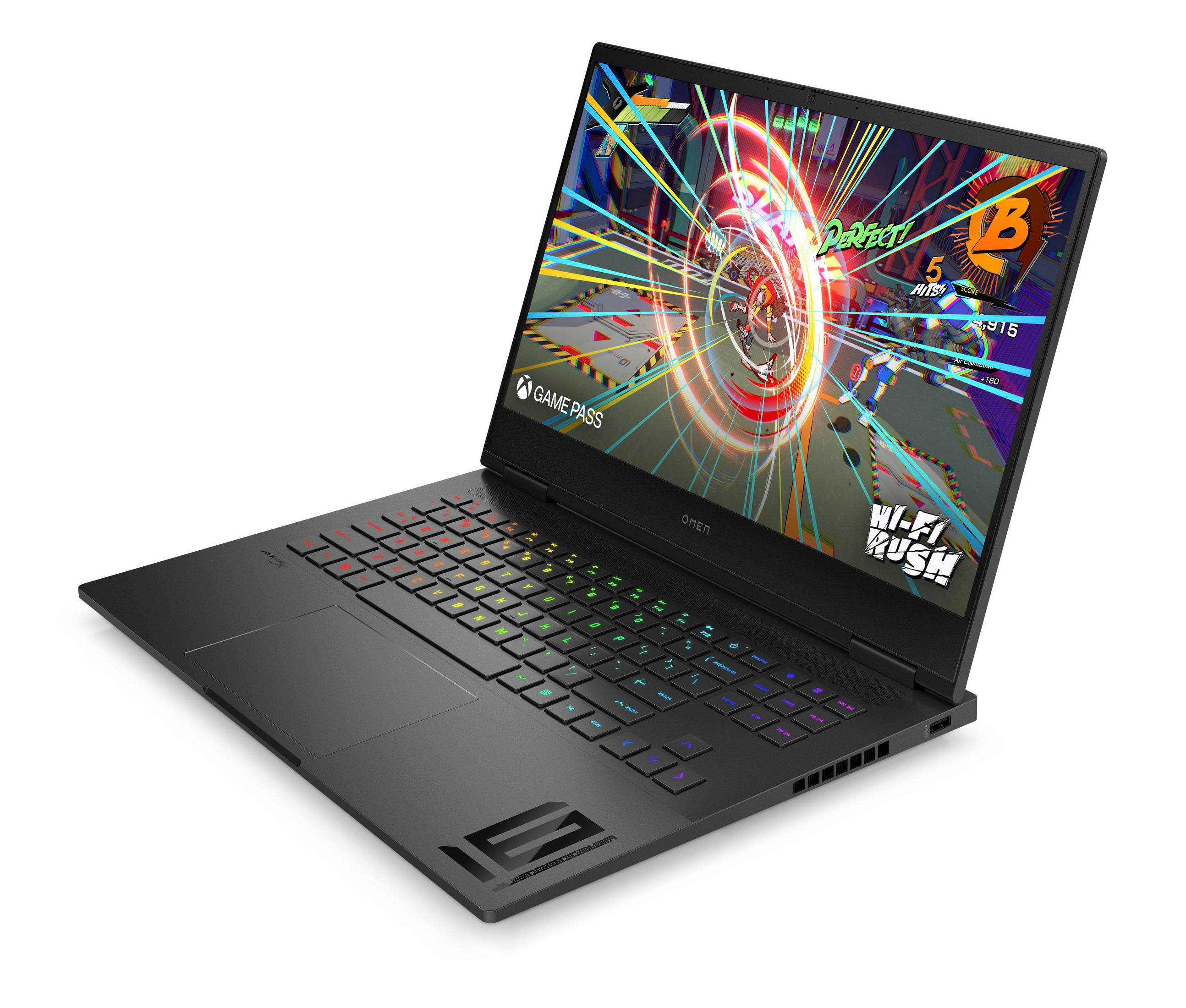 Schwarzer Laptop mit bunter Tastatur und Bildschirm mit Spiel.