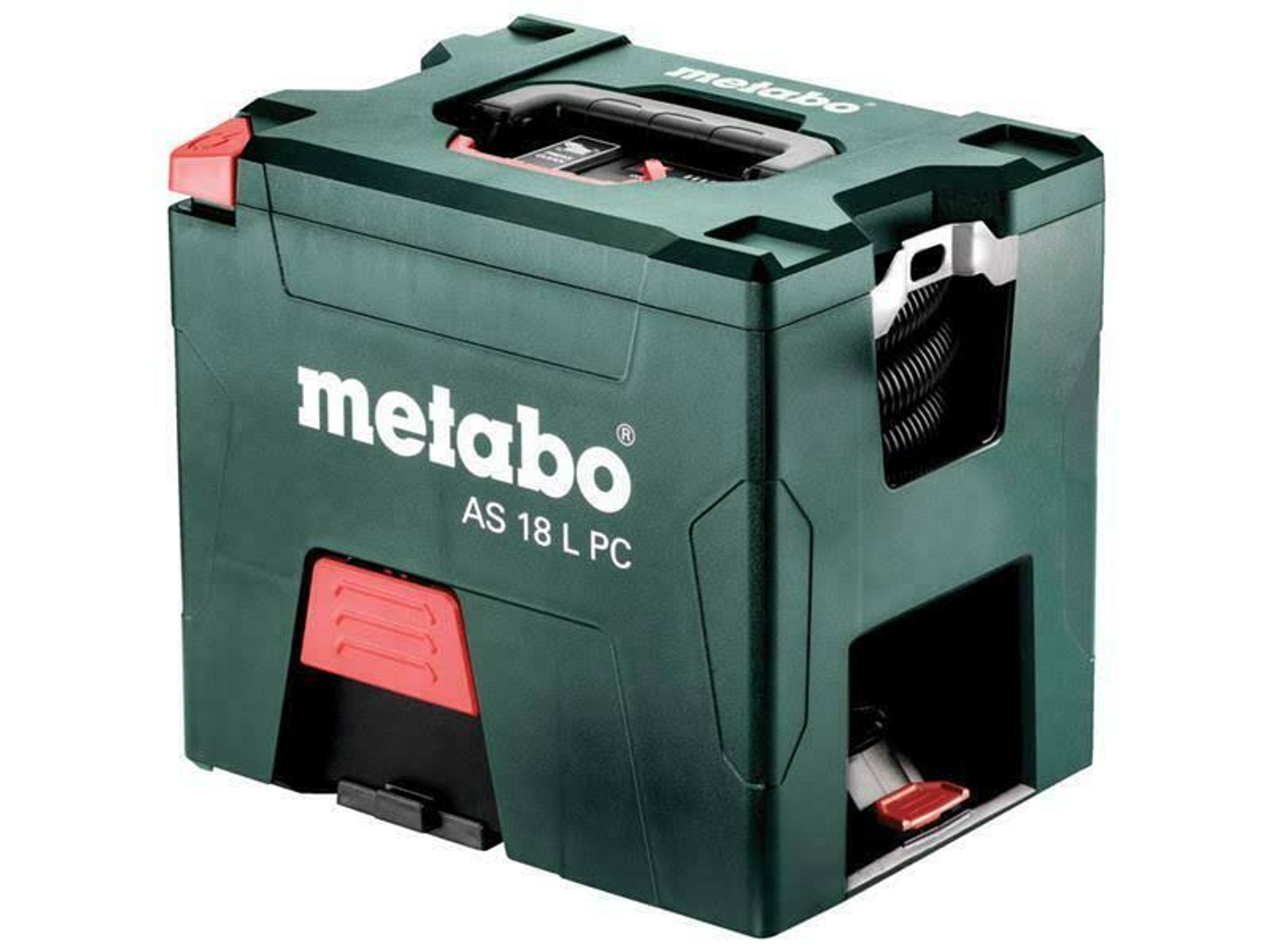 Caja de herramientas verde y negra con el logotipo de Metabo y la inscripción AS 18 L PC.