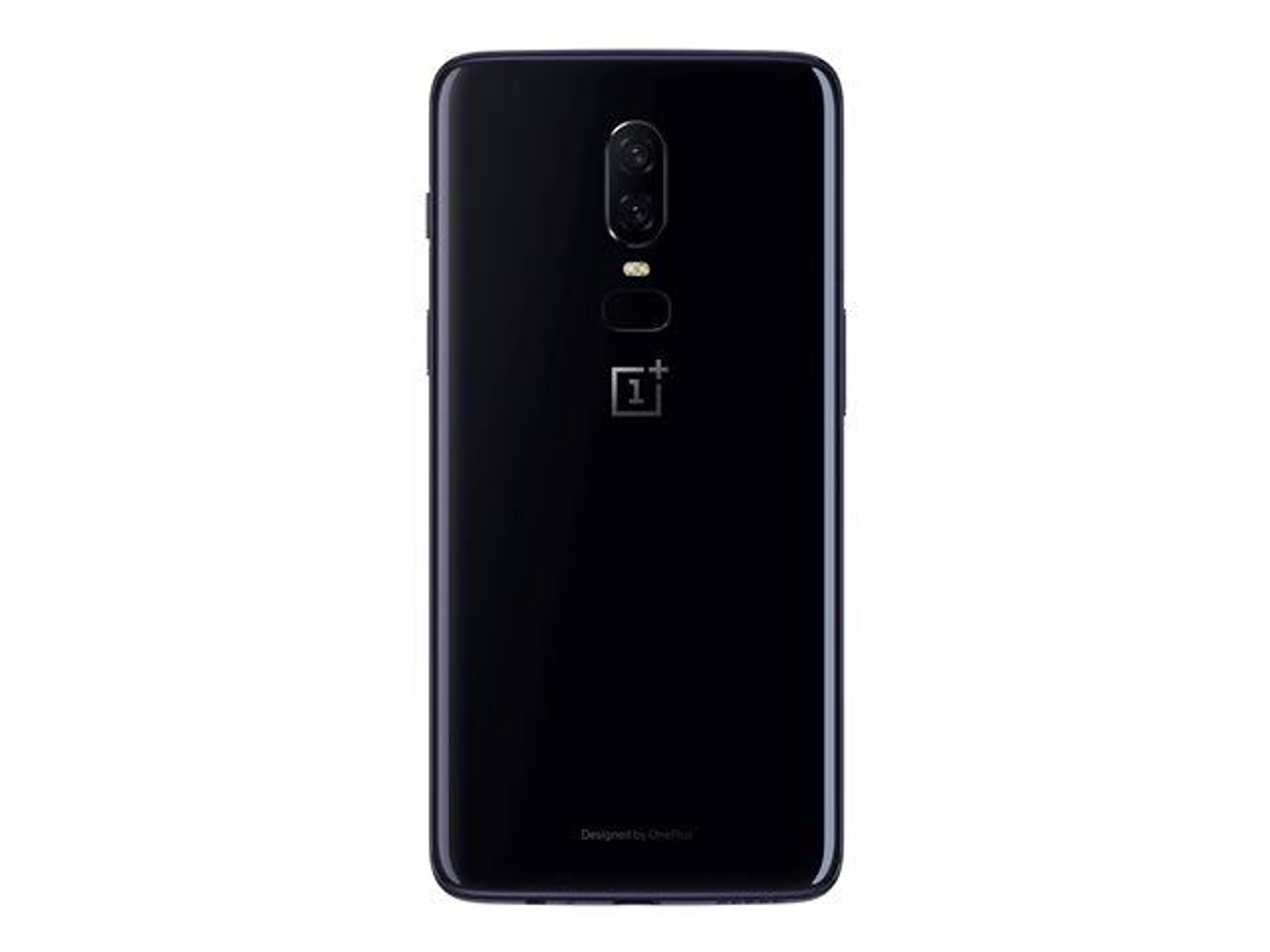 Schwarzes Smartphone, Rückansicht, mit Dual-Kameras und Fingerabdrucksensor, schwarzer Hintergrund.
