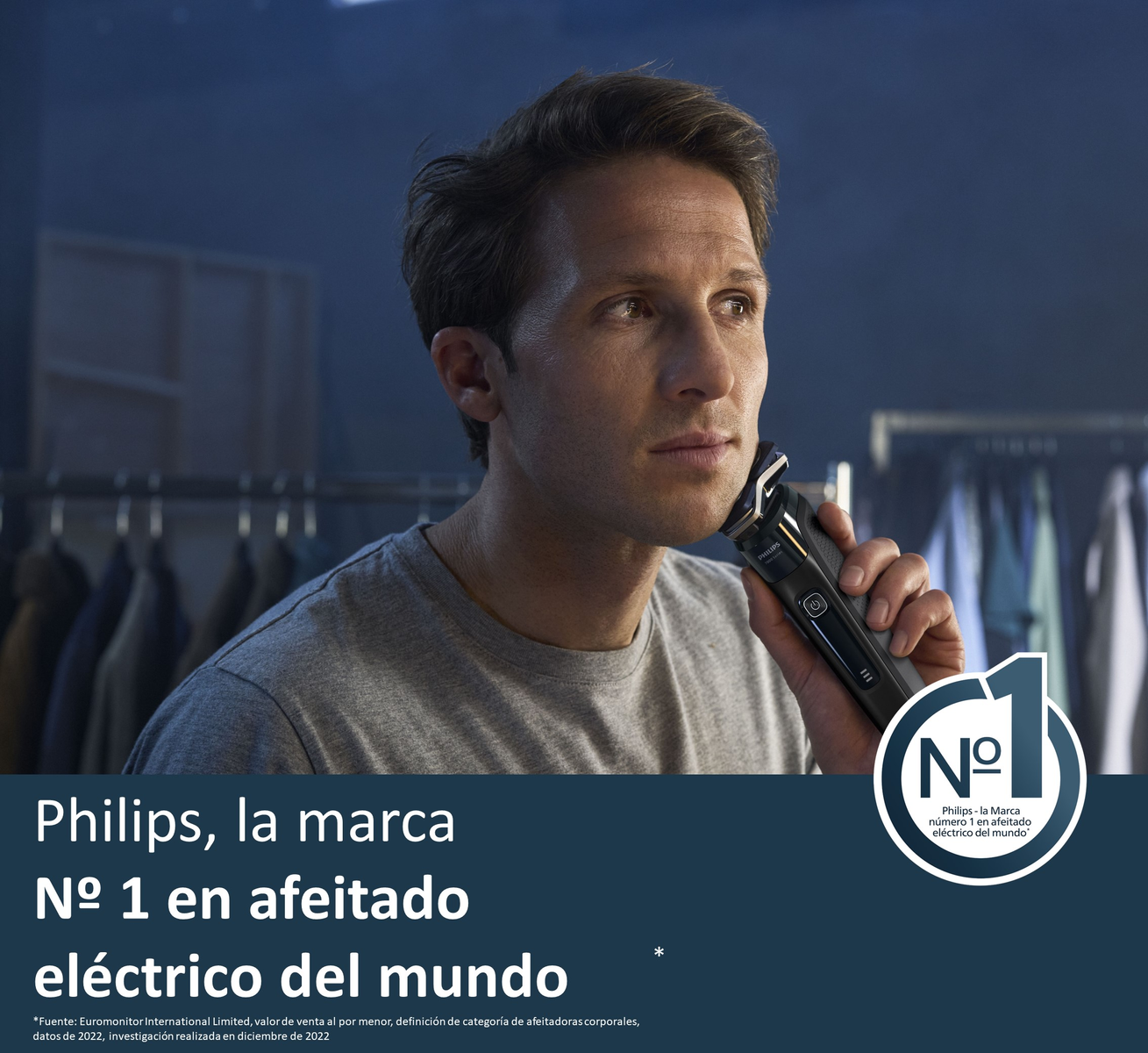 Hombre se afeita con afeitadora Philips. Texto indica Philips es la marca #1 en afeitado eléctrico.