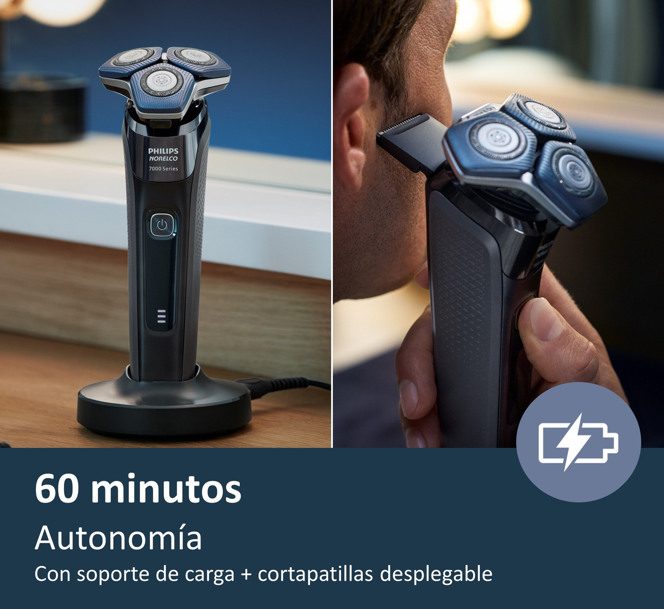 Afeitadora Philips con soporte de carga y recortador. Muestra 60 minutos de autonomía, soporte.