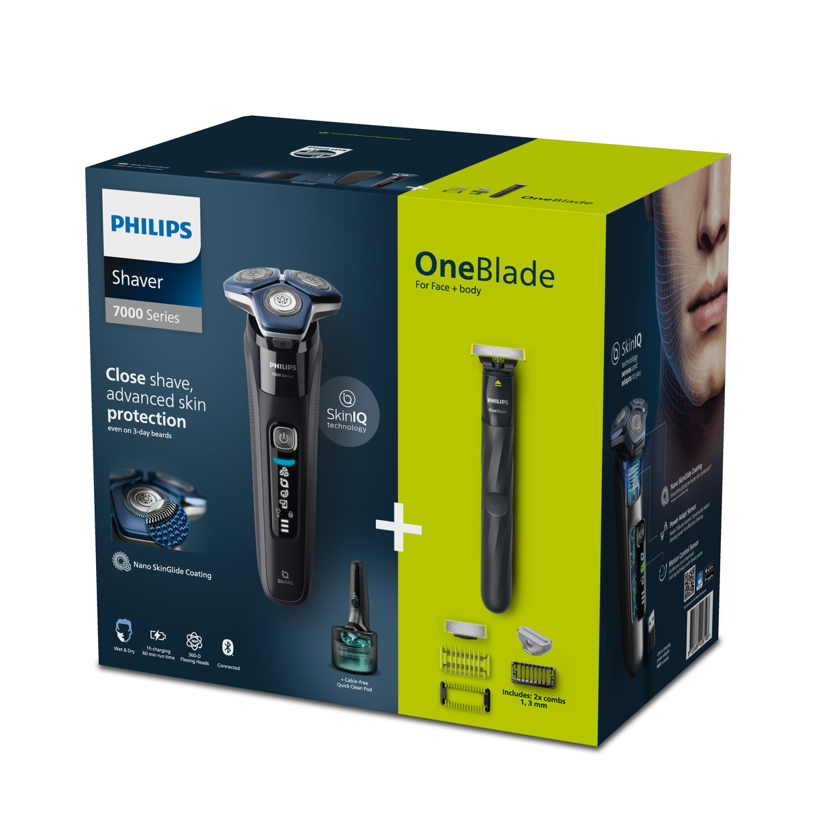 Caja de producto con afeitadora Philips y OneBlade. Menciona características como protección de la piel.
