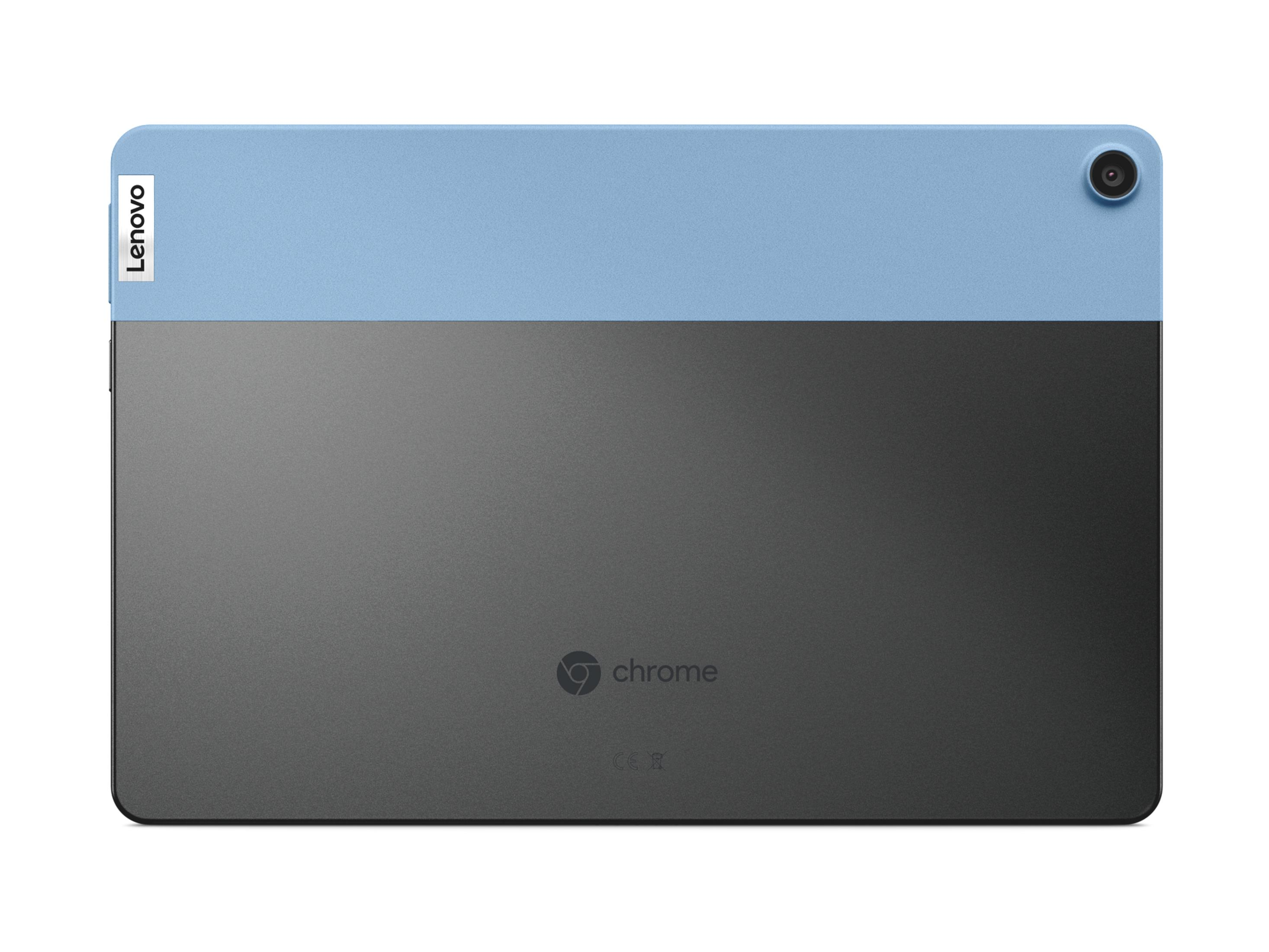 Rückansicht eines Lenovo-Tablets mit blau-grauem Design, Kamera und Chrome-Logo.