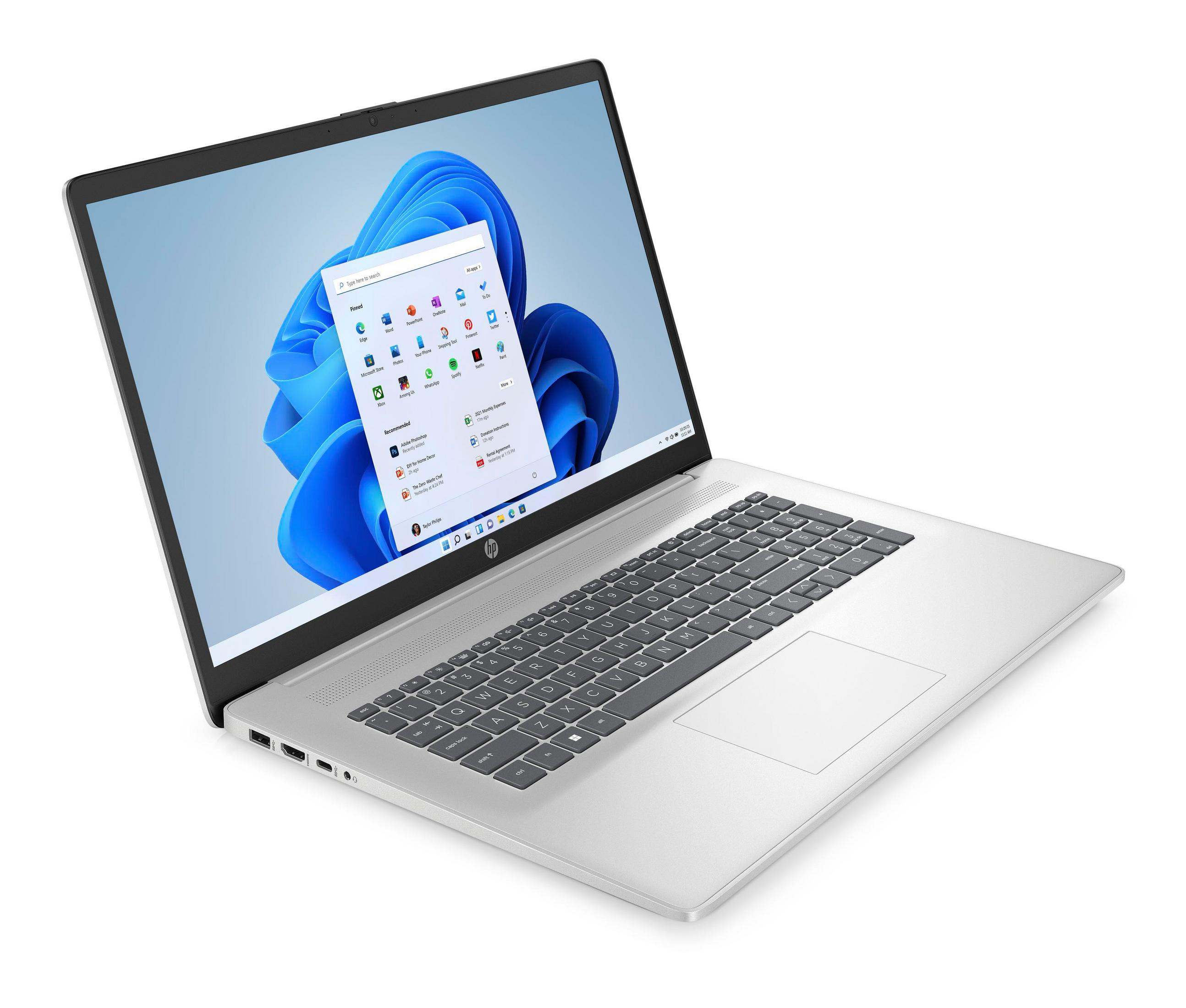 Silberner HP Laptop, geöffnet, zeigt die Windows 11 Oberfläche mit blau-weißem Design.