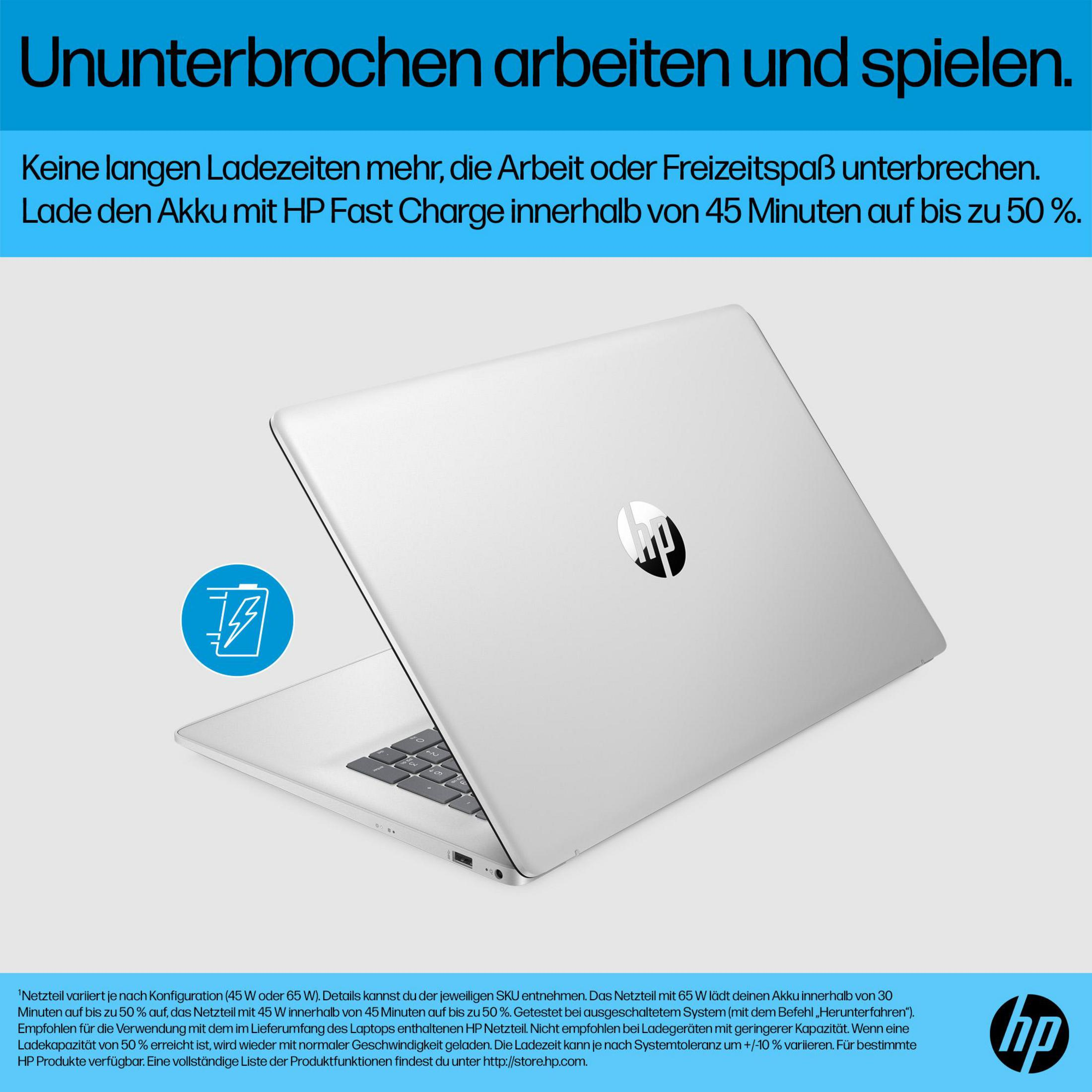 HP-Laptop-Werbung mit Text zum Laden des Akkus. Laptop rechts, Ladesymbol.