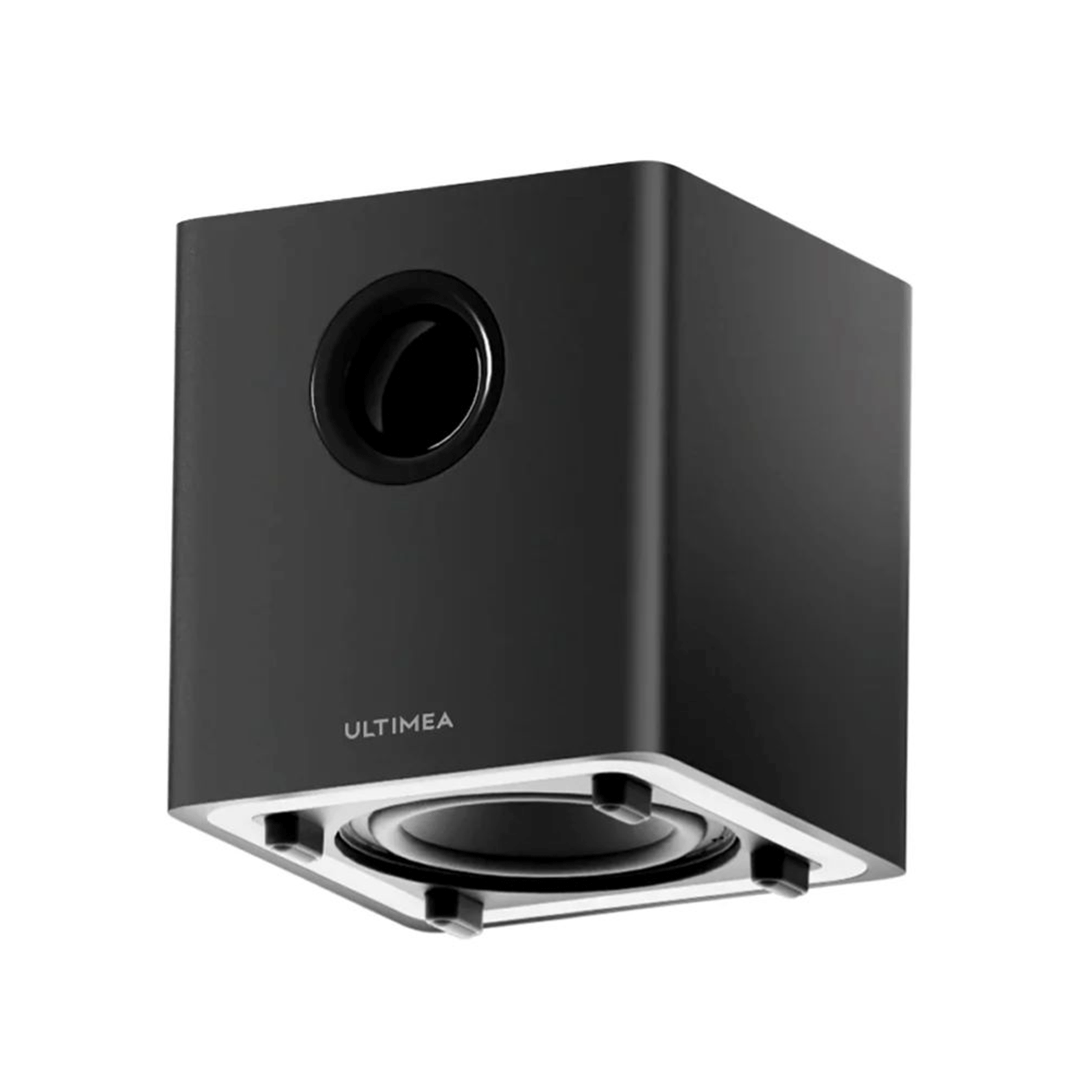 Czarny subwoofer z logo Ultimea. Ma port i stoi na białej powierzchni.