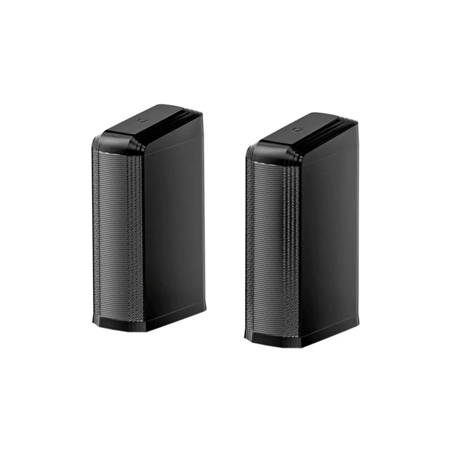 Dwa czarne, prostokątne głośniki z siatkowym przodem. Stoją pionowo na białym tle.