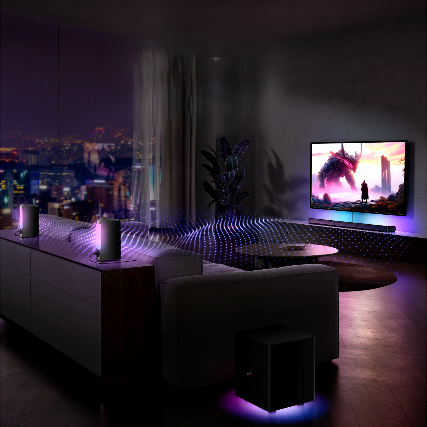 Salon z telewizorem, głośnikami i światłami tworzącymi kolorową atmosferę.