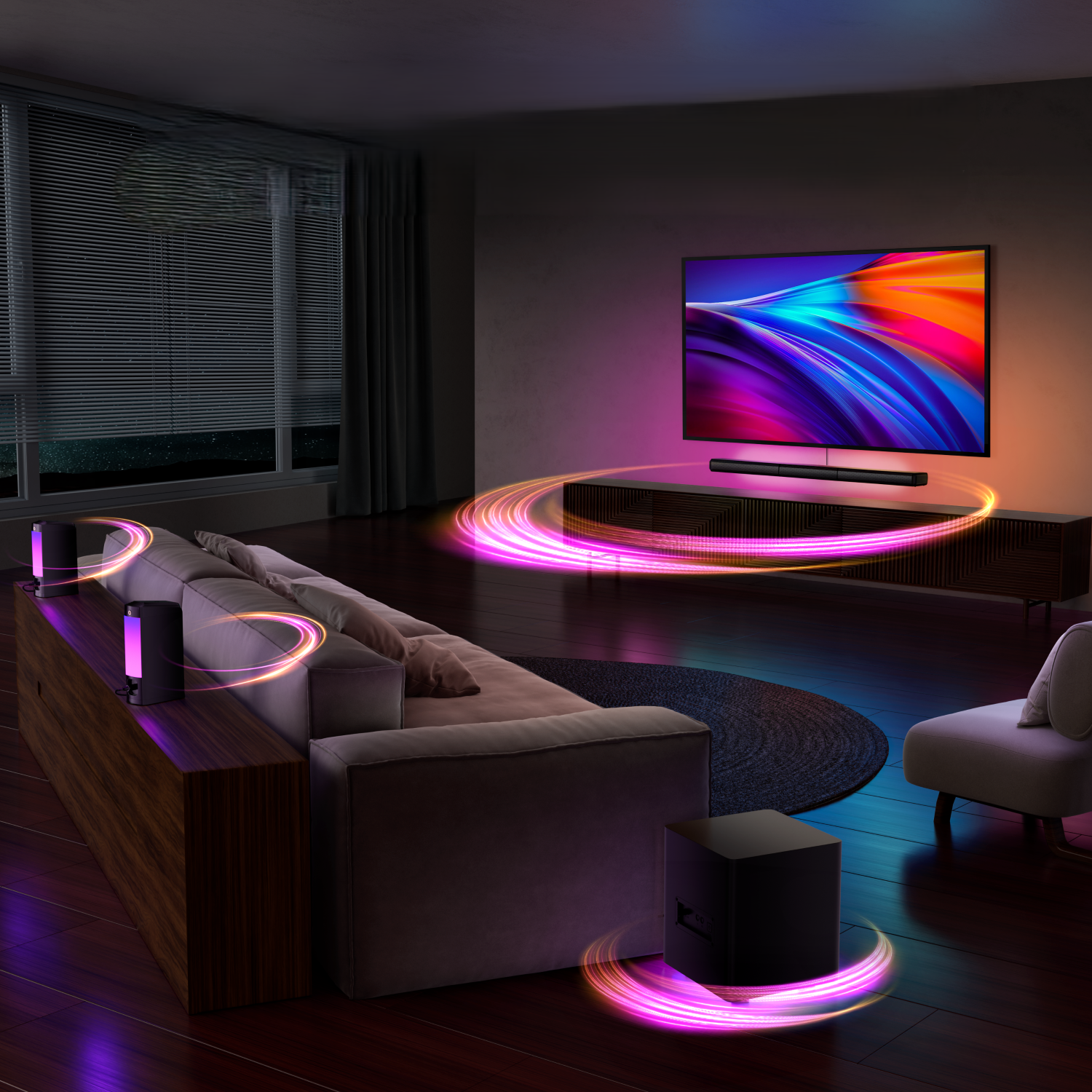 Salon z telewizorem, głośnikami i światłami. Osoba ogląda telewizję. Wizualizowane są fale dźwiękowe.