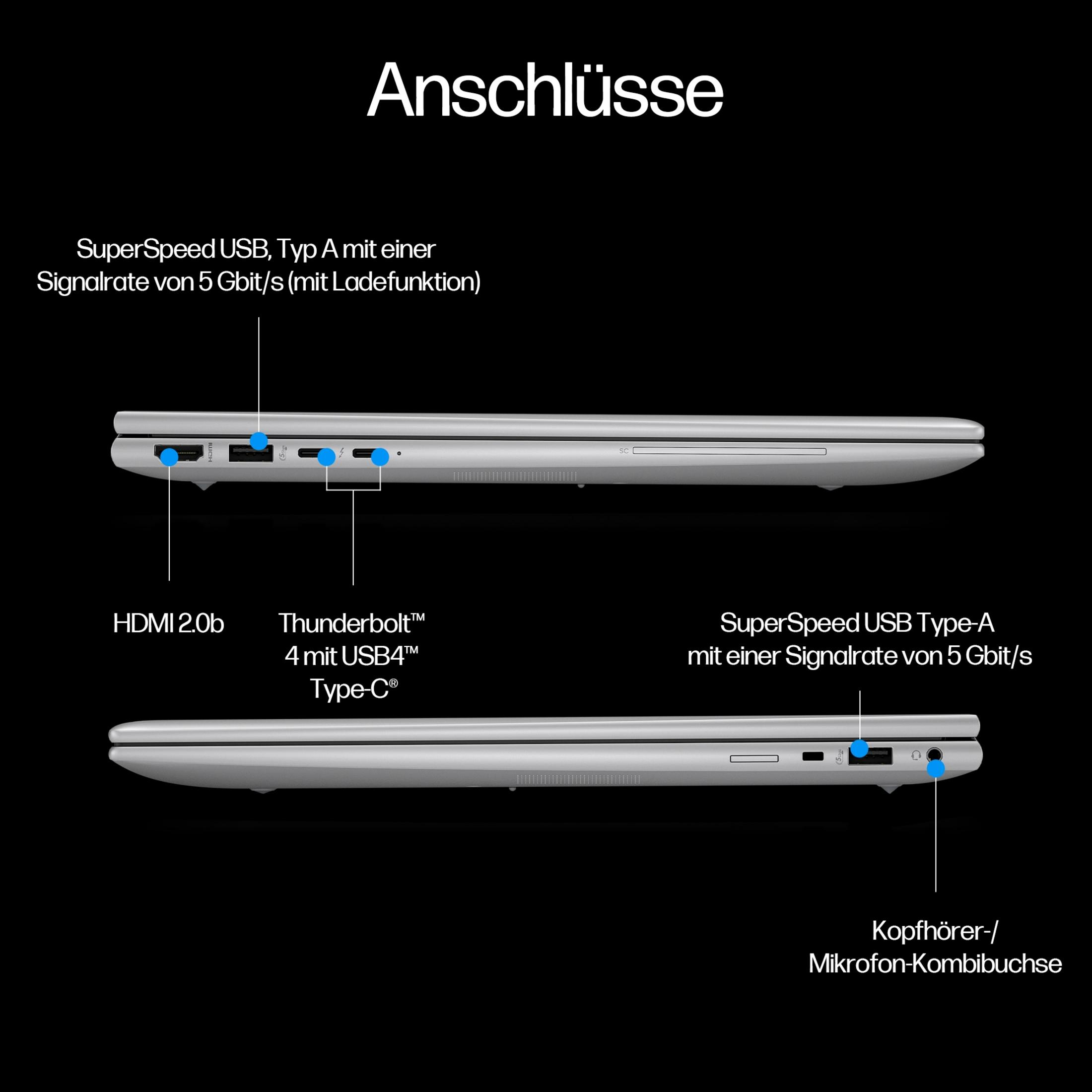 Widok z boku laptopa z portami, czarnym tłem i tekstem.