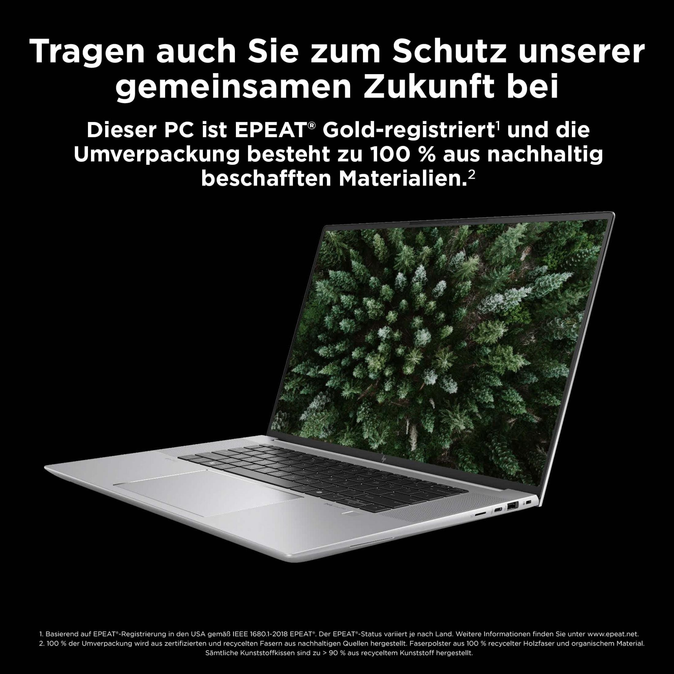 Laptop mit Waldanzeige. Text: Tragen Sie zum Schutz unserer Zukunft bei. PC ist EPEAT Gold registriert.