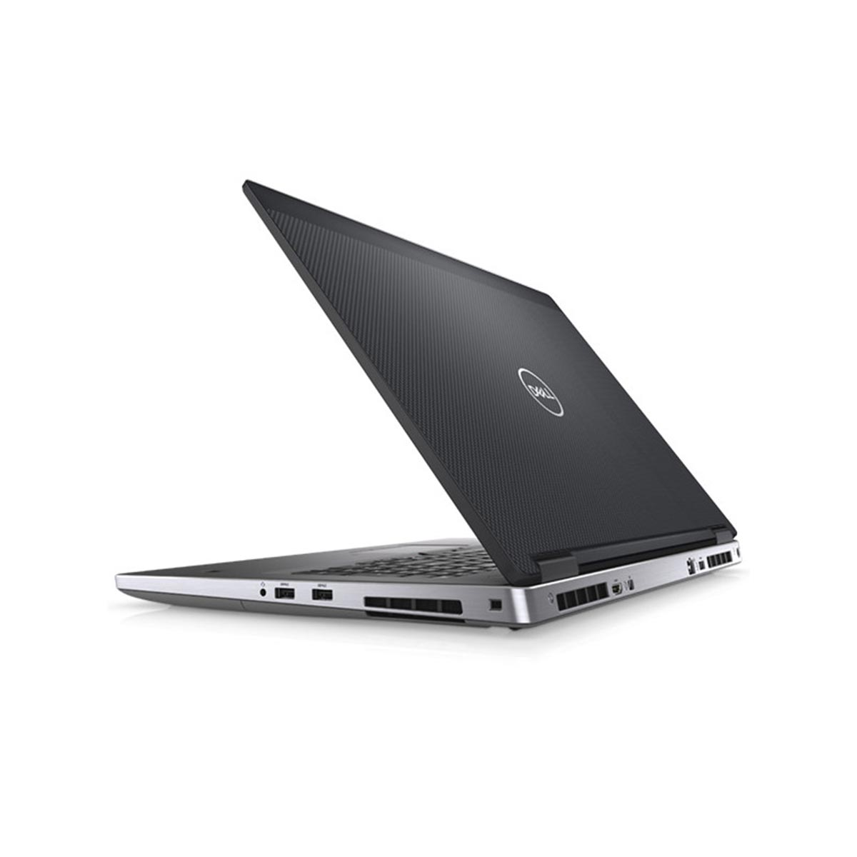 Laptop Dell, widok z tyłu, lekko otwarty, pokazujący tył i porty boczne.