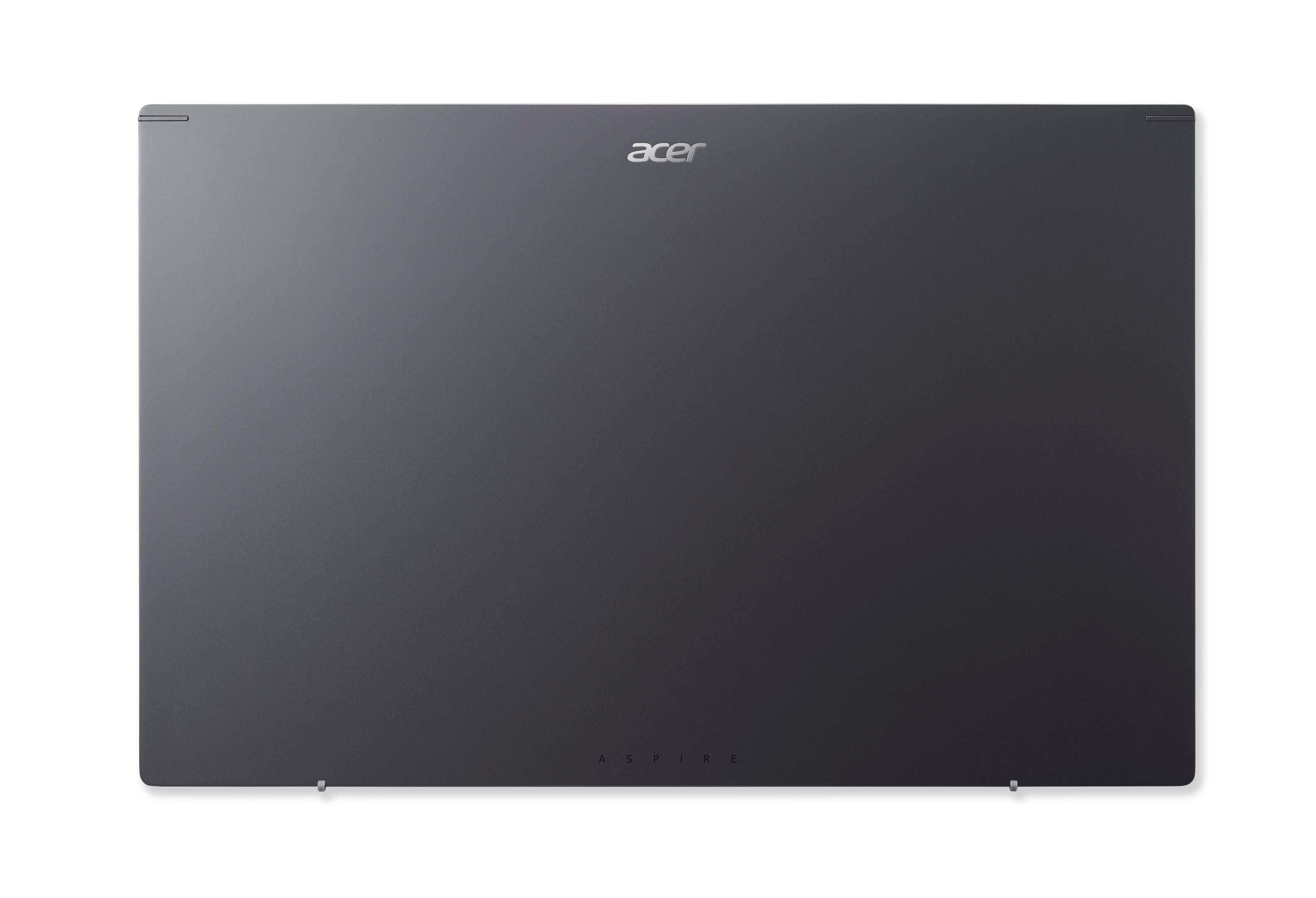 Dunkelgrauer Laptopdeckel mit silbernem Acer-Logo. Oberfläche glatt, Wort 'ASPIRE' unten.