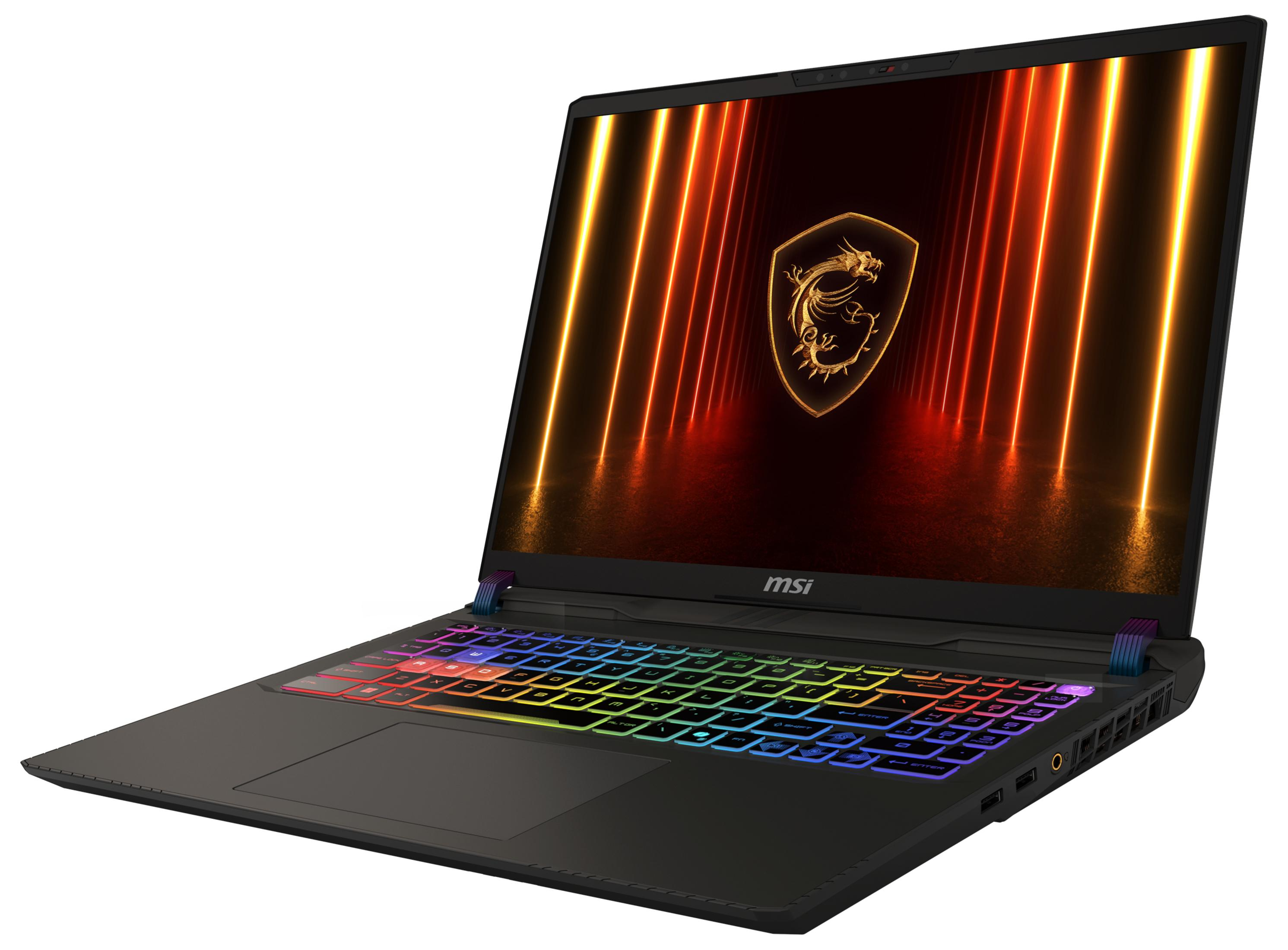 MSI-Laptop mit Regenbogen-Tastatur, Bildschirm zeigt Logo. Schwarzes Gehäuse, weißer Hintergrund.