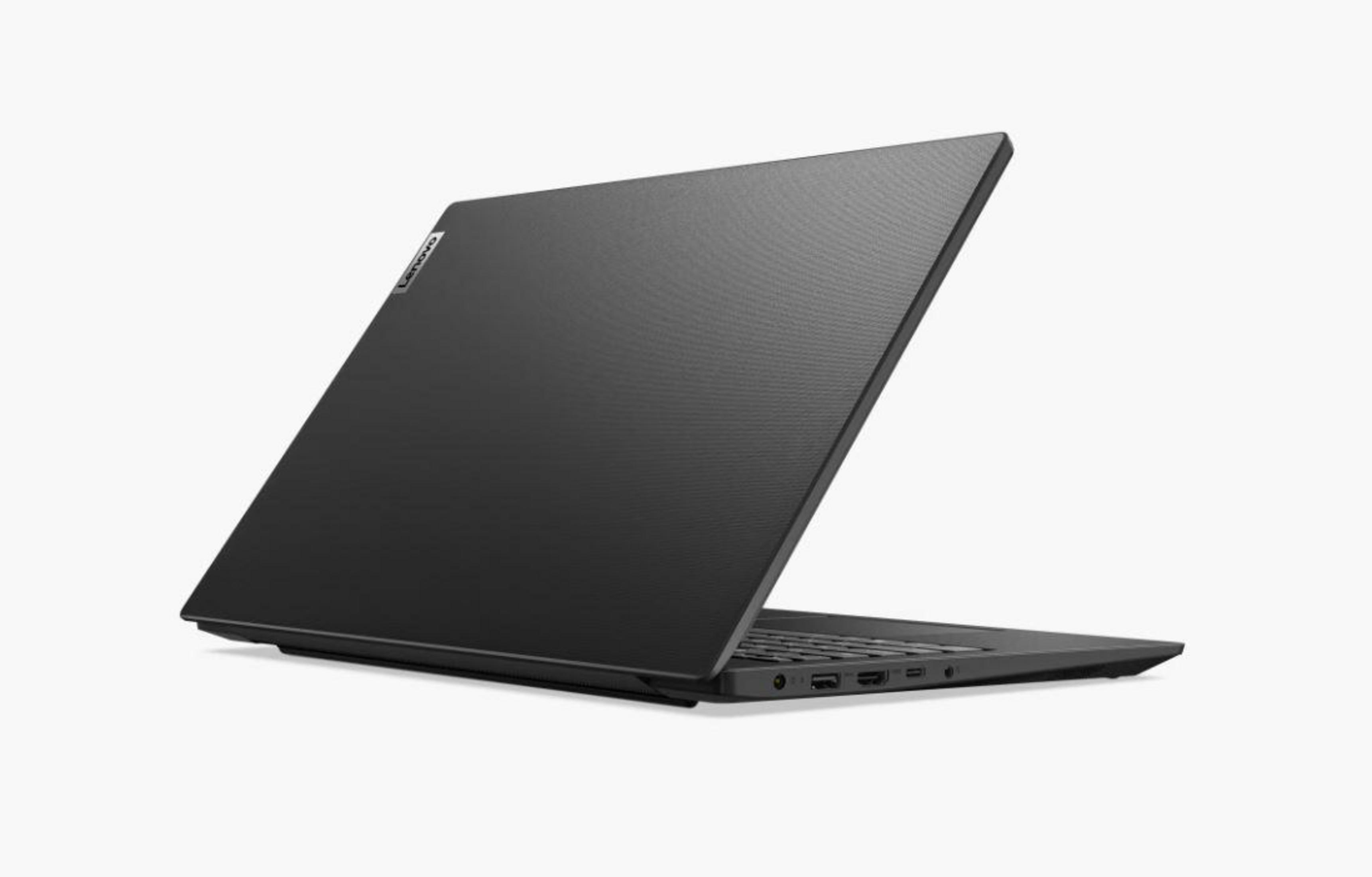 Schwarzer Lenovo-Laptop, geschlossen, Winkelansicht, auf weißem Hintergrund. Rückseite sichtbar.