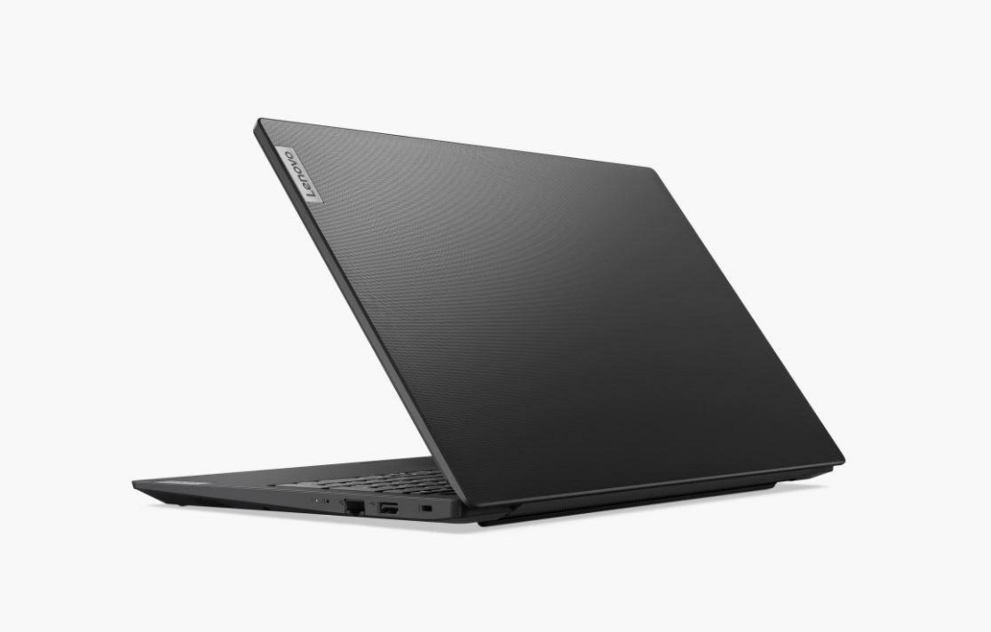 Schwarzer Laptop, teilweise geöffnet. Lenovo-Logo sichtbar. Weißer Hintergrund.